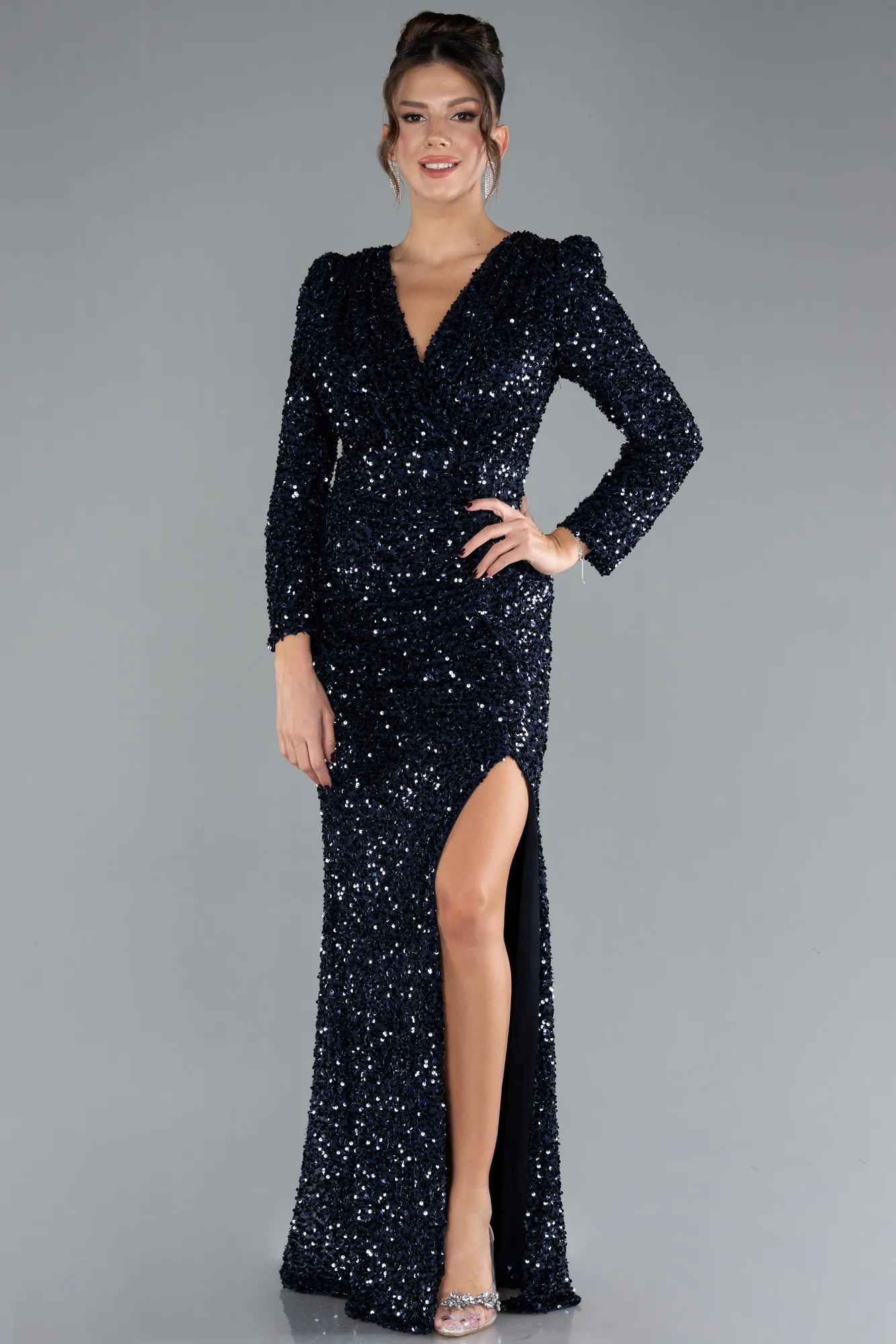 Navy Blue-Long Sleeve Slit Sequined Evening Gown ABU4329