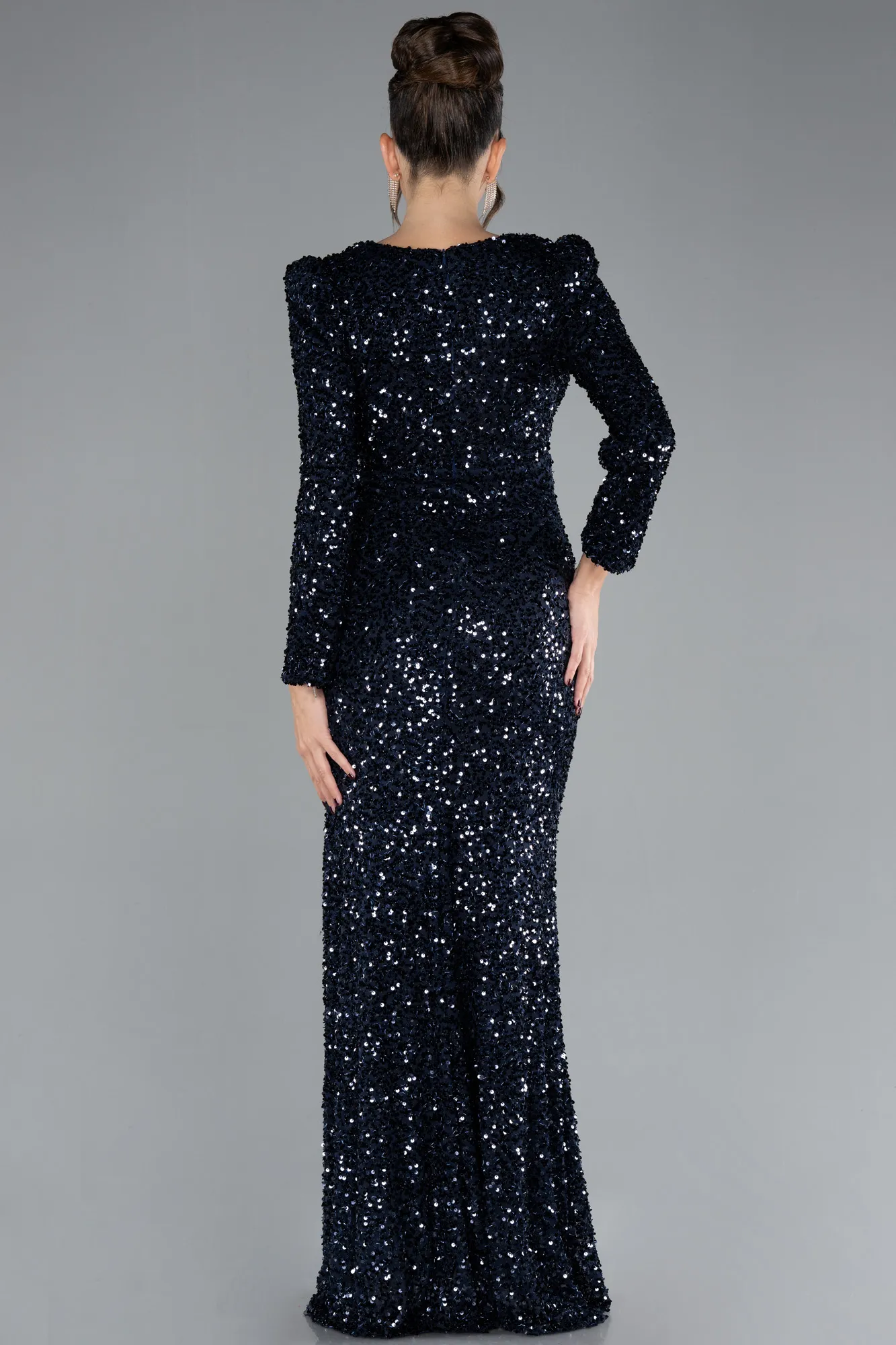 Navy Blue-Long Sleeve Slit Sequined Evening Gown ABU4329