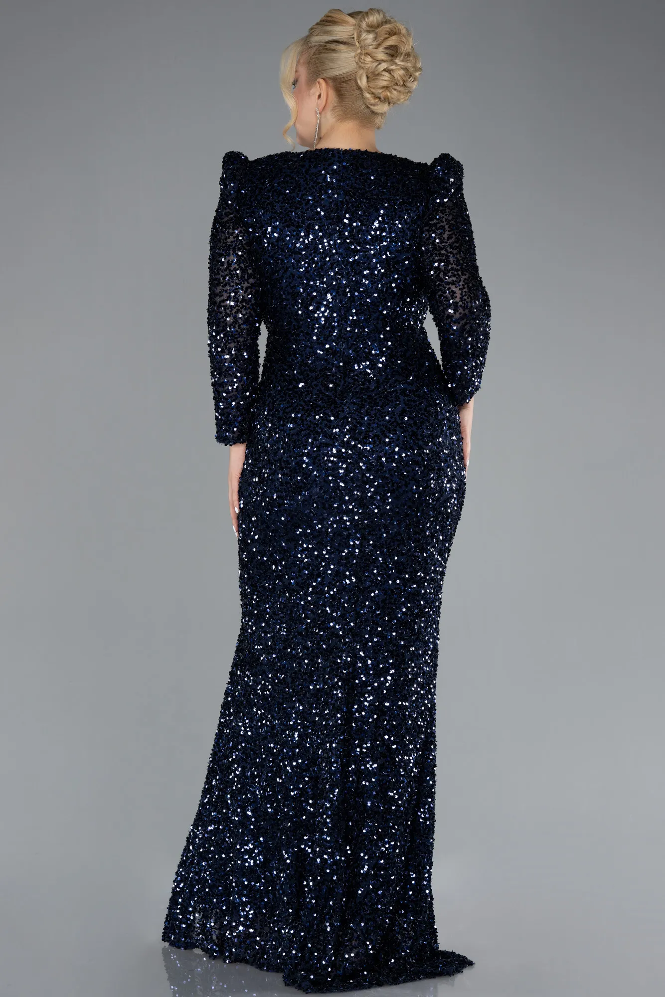 Navy Blue-Long Sleeve Slit Sequined Plus Size Evening Dress ABU4333