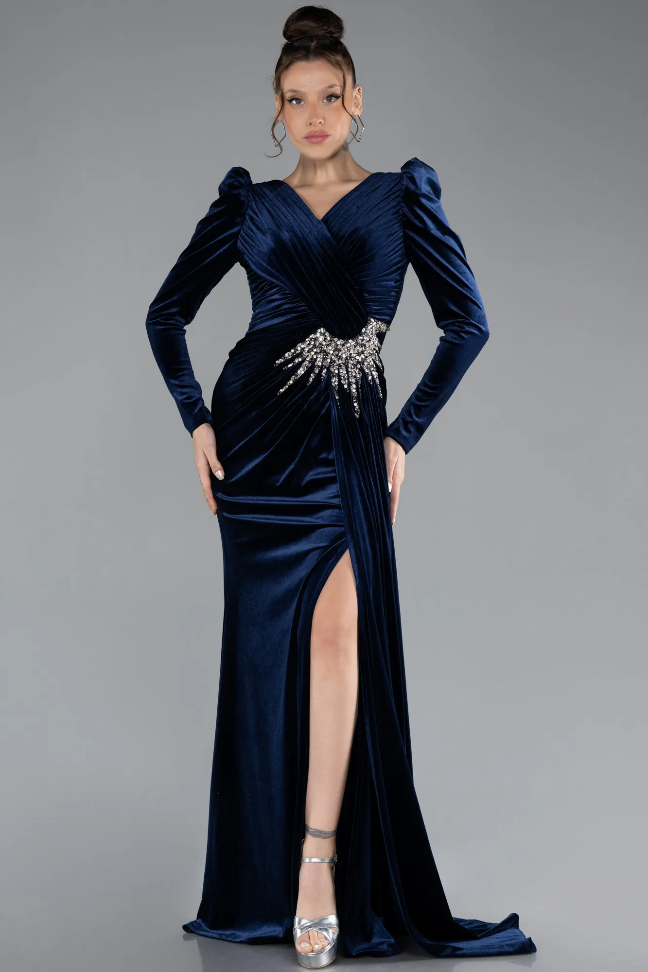 Navy Blue-Long Sleeve Slit Velvet Evening Gown ABU4375