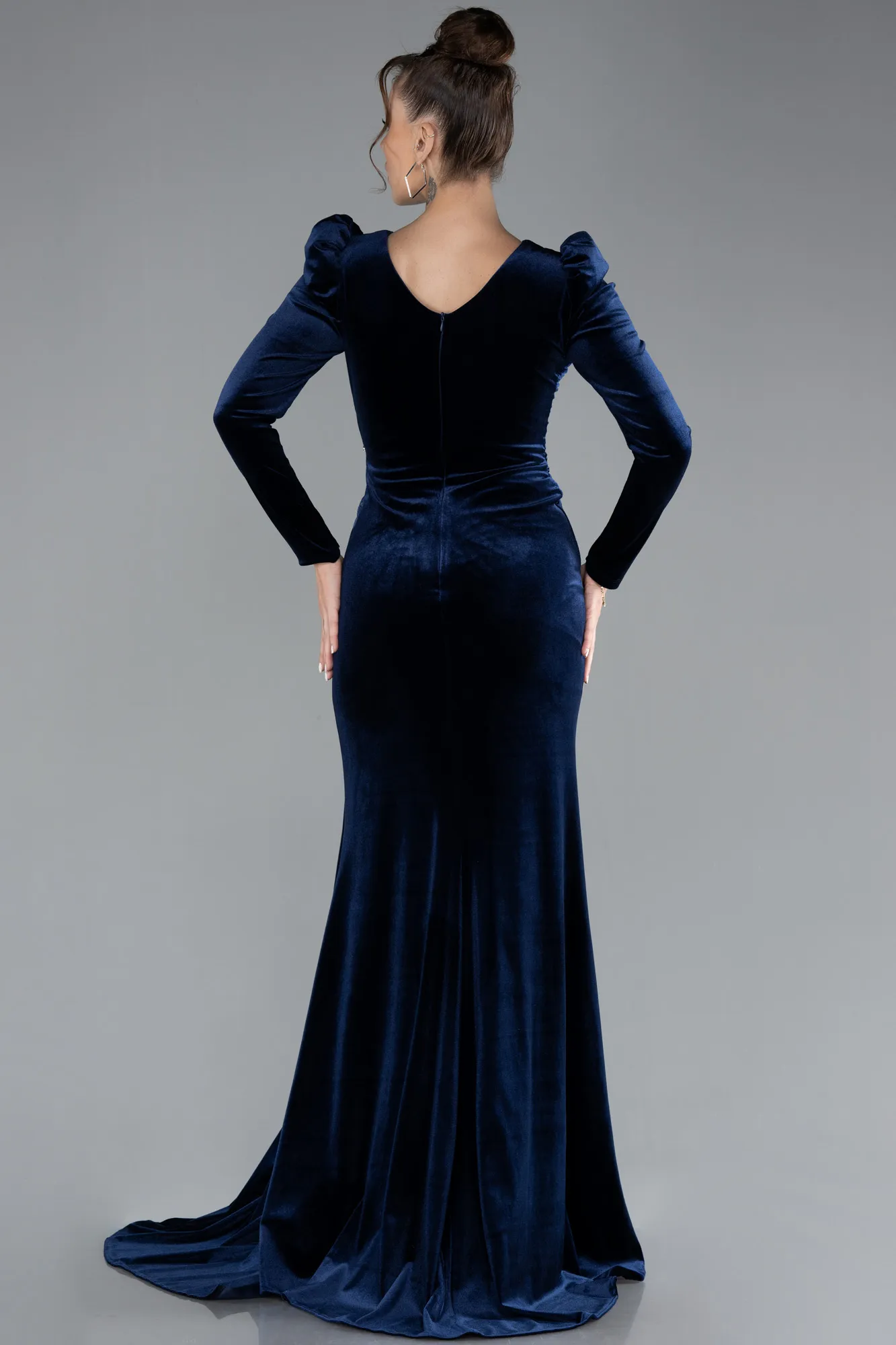 Navy Blue-Long Sleeve Slit Velvet Evening Gown ABU4375