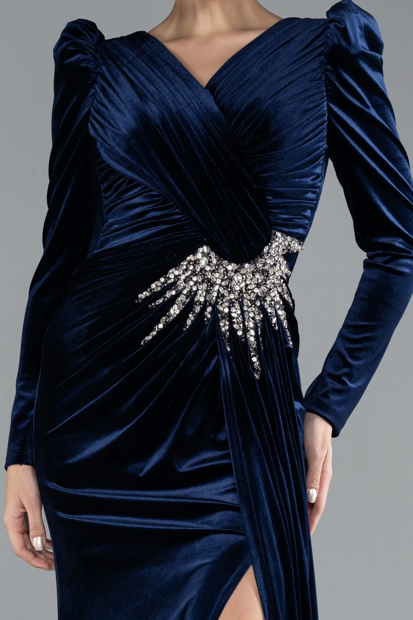 Navy Blue-Long Sleeve Slit Velvet Evening Gown ABU4375