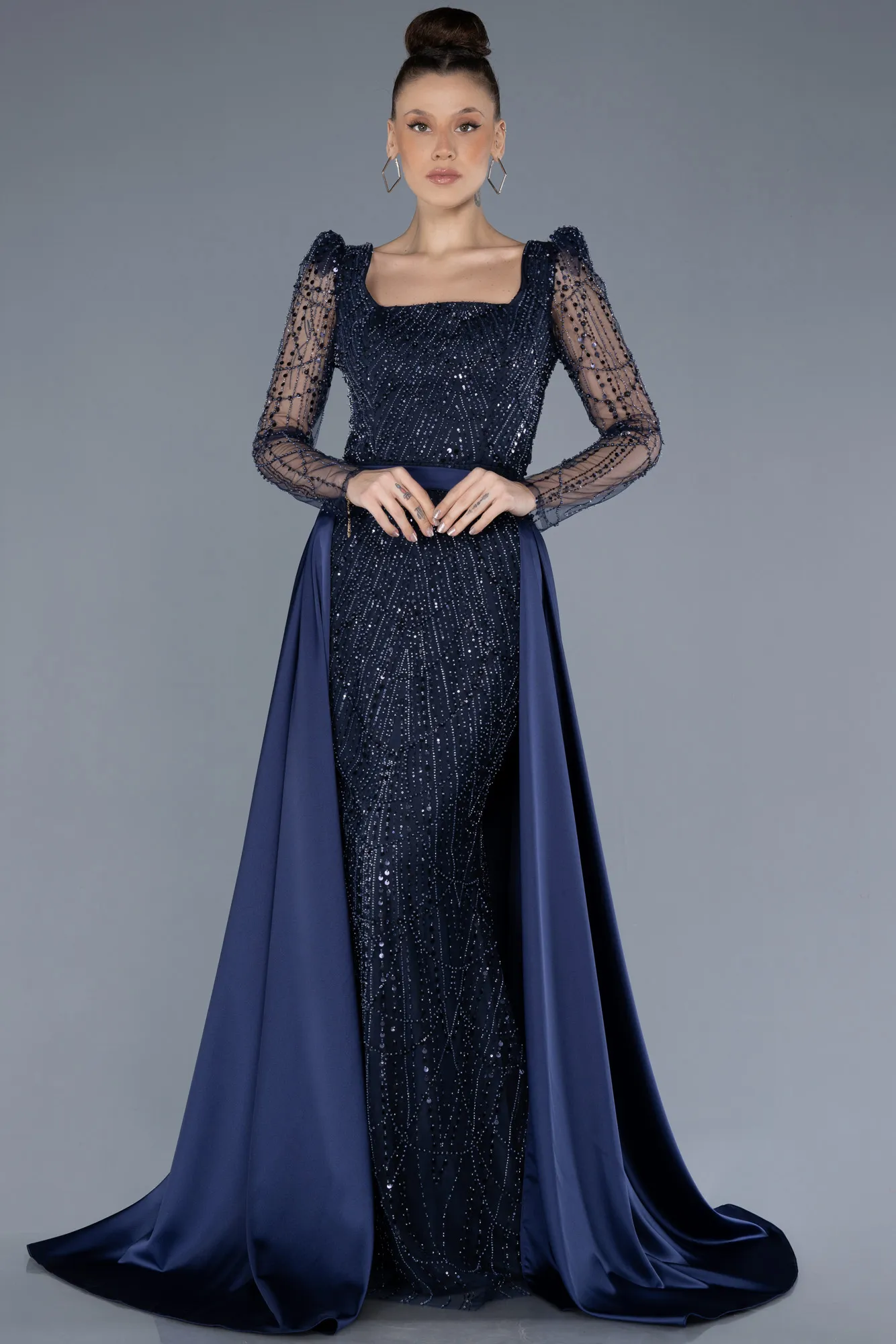 Navy Blue-Long Sleeve Square Neckline Beaded Portable Tails Evening Gown ABU4603