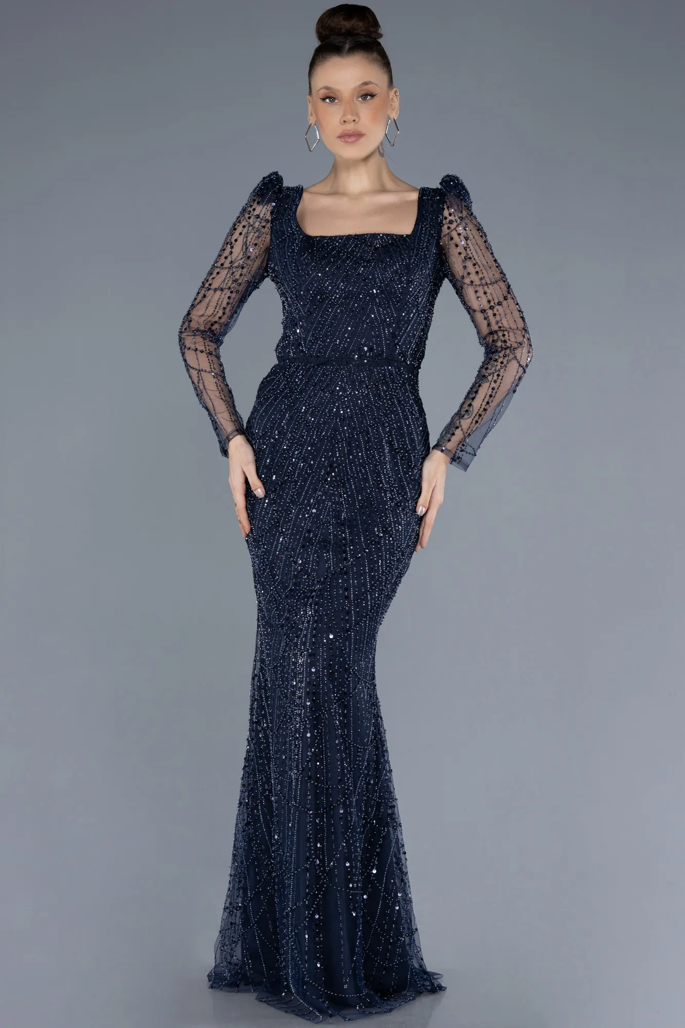 Navy Blue-Long Sleeve Square Neckline Beaded Portable Tails Evening Gown ABU4603