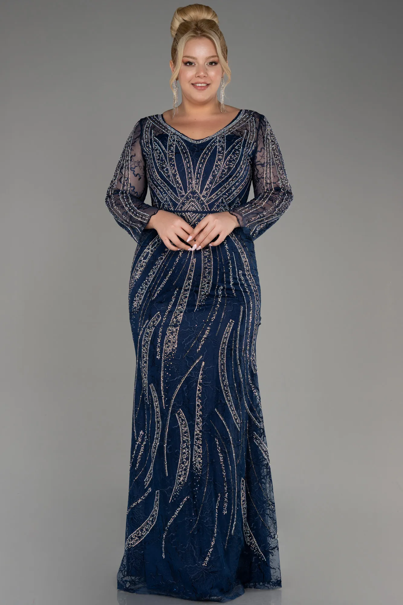 Navy Blue-Long Sleeve Stone Guipure Plus Size Evening Gown ABU4052