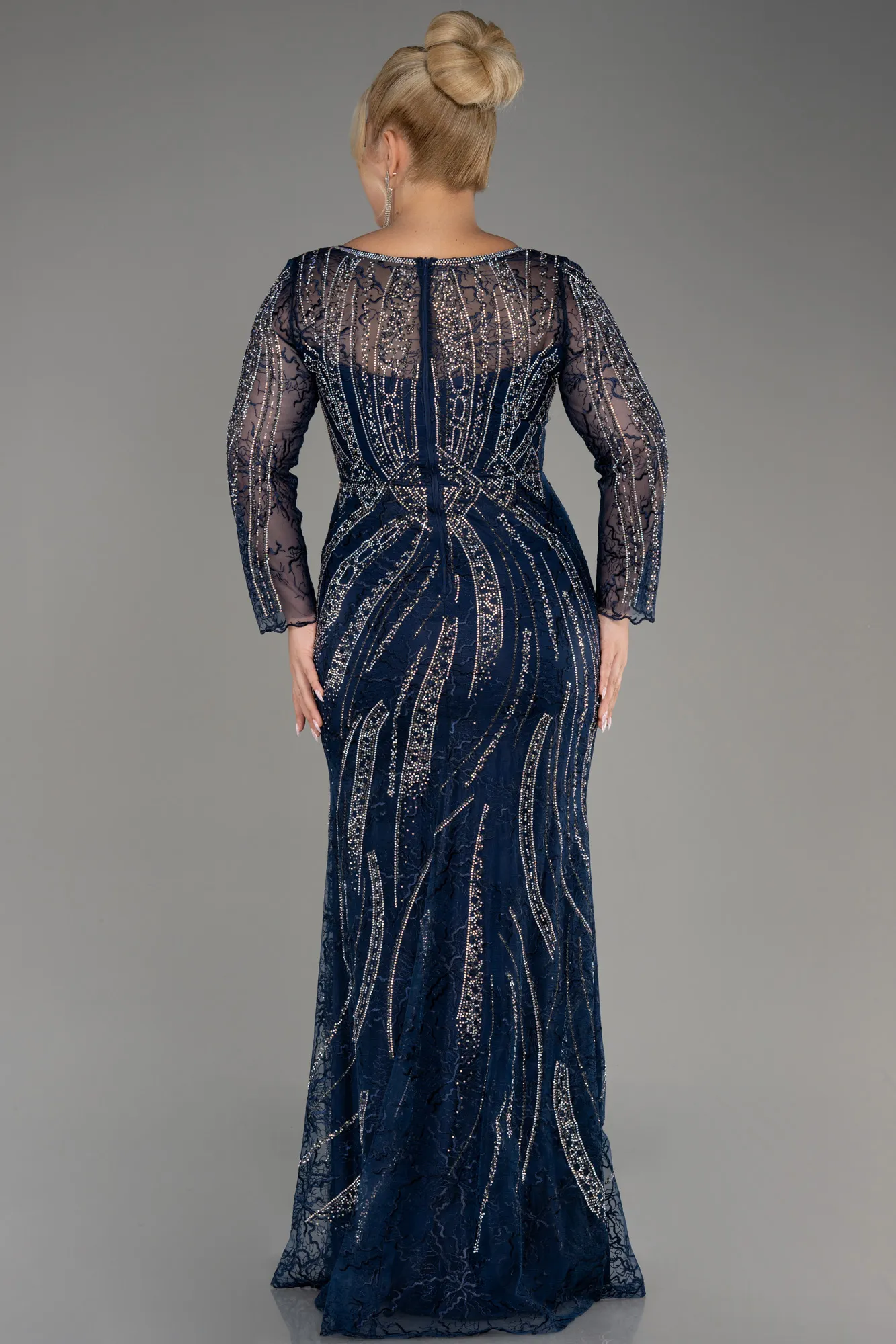 Navy Blue-Long Sleeve Stone Guipure Plus Size Evening Gown ABU4052