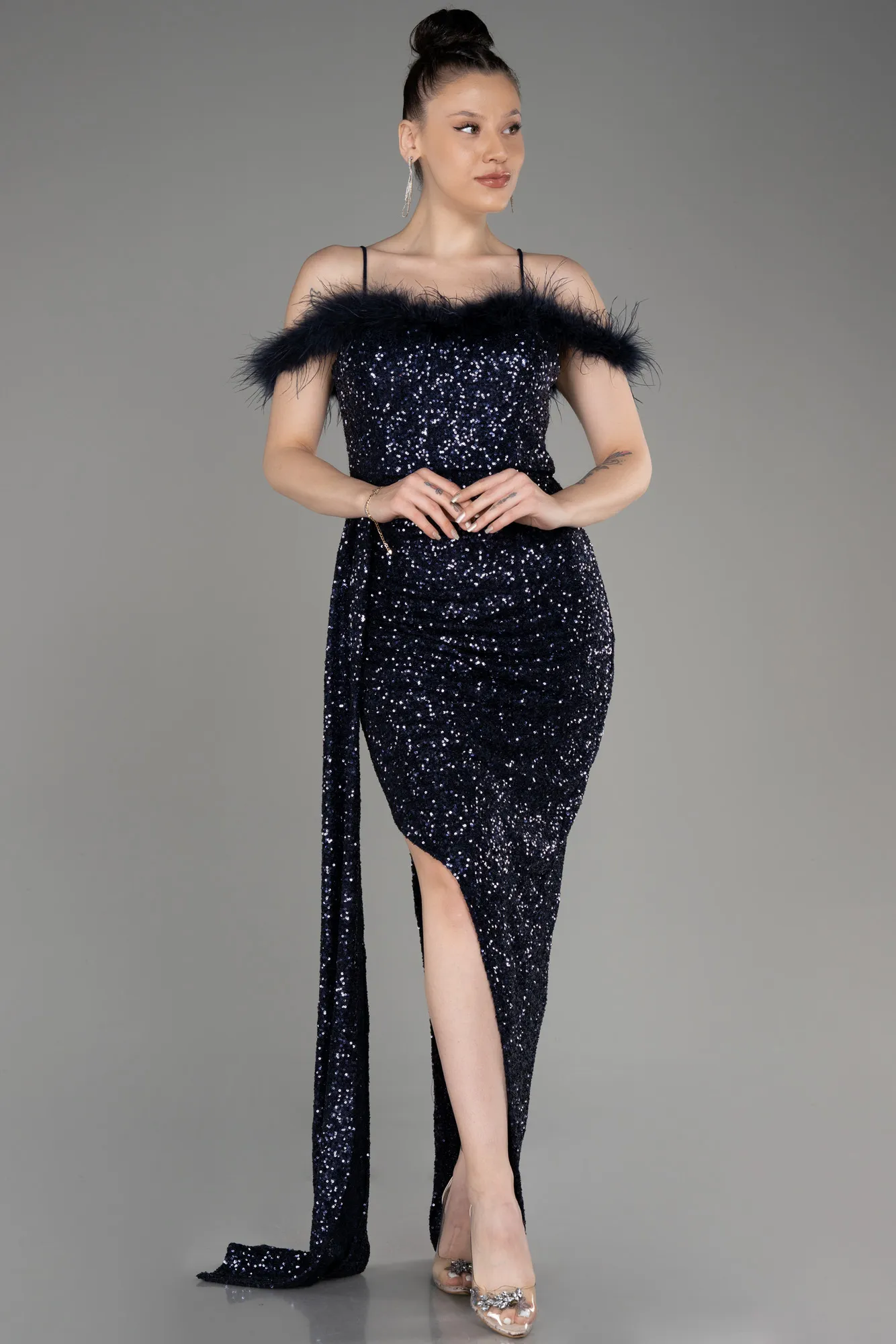 Navy Blue-Long Slit Scaly Evening Dress ABU3901