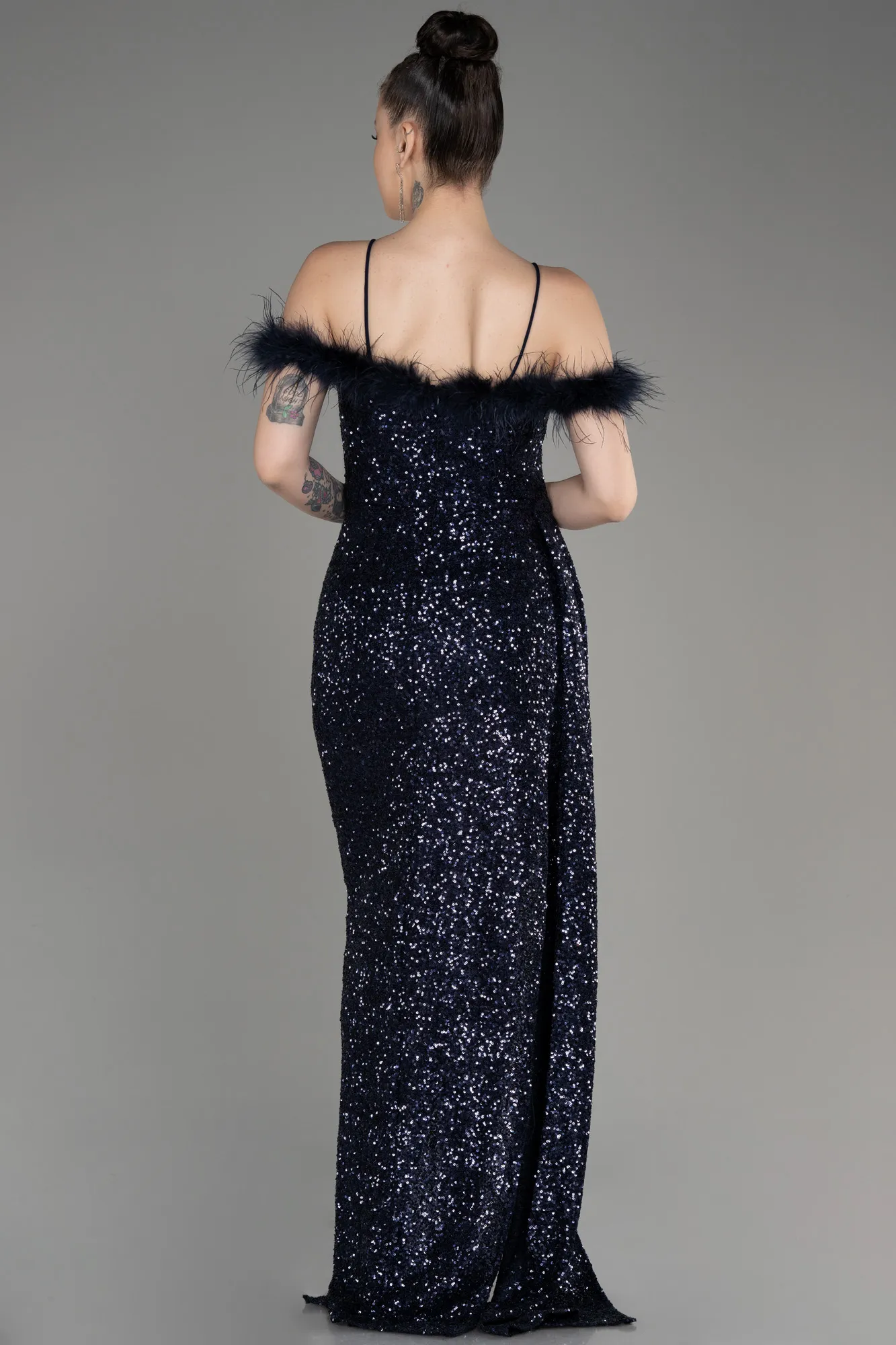 Navy Blue-Long Slit Scaly Evening Dress ABU3901