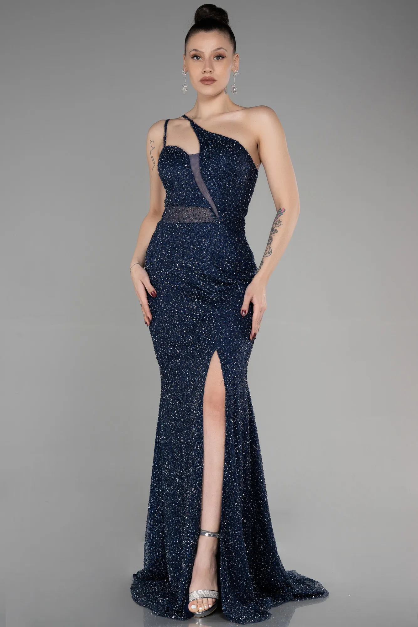 Navy Blue-Long Stony Haute Couture Dress ABU3563