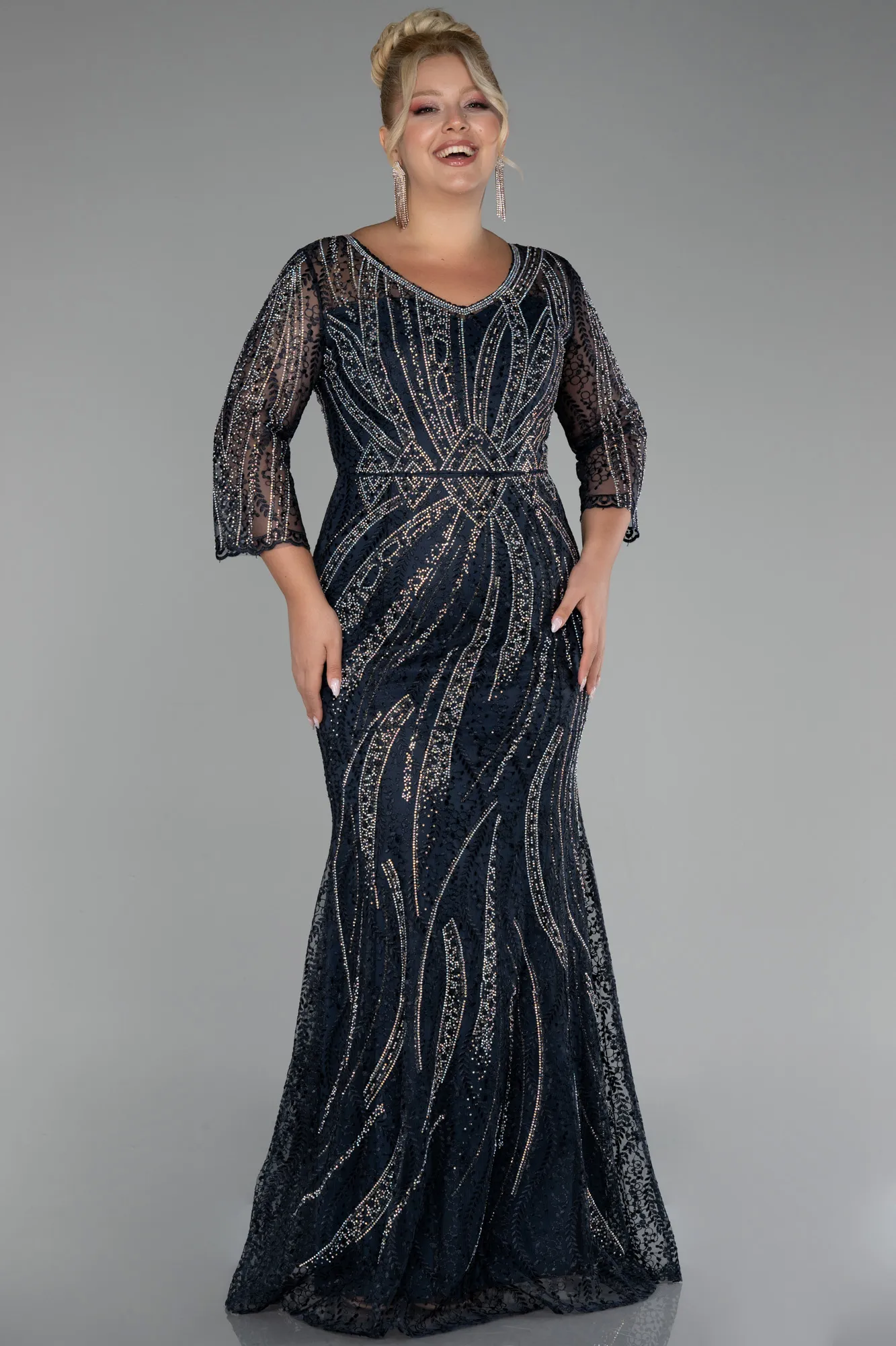 Navy Blue-Long Stony Plus Size Evening Dress ABU4105