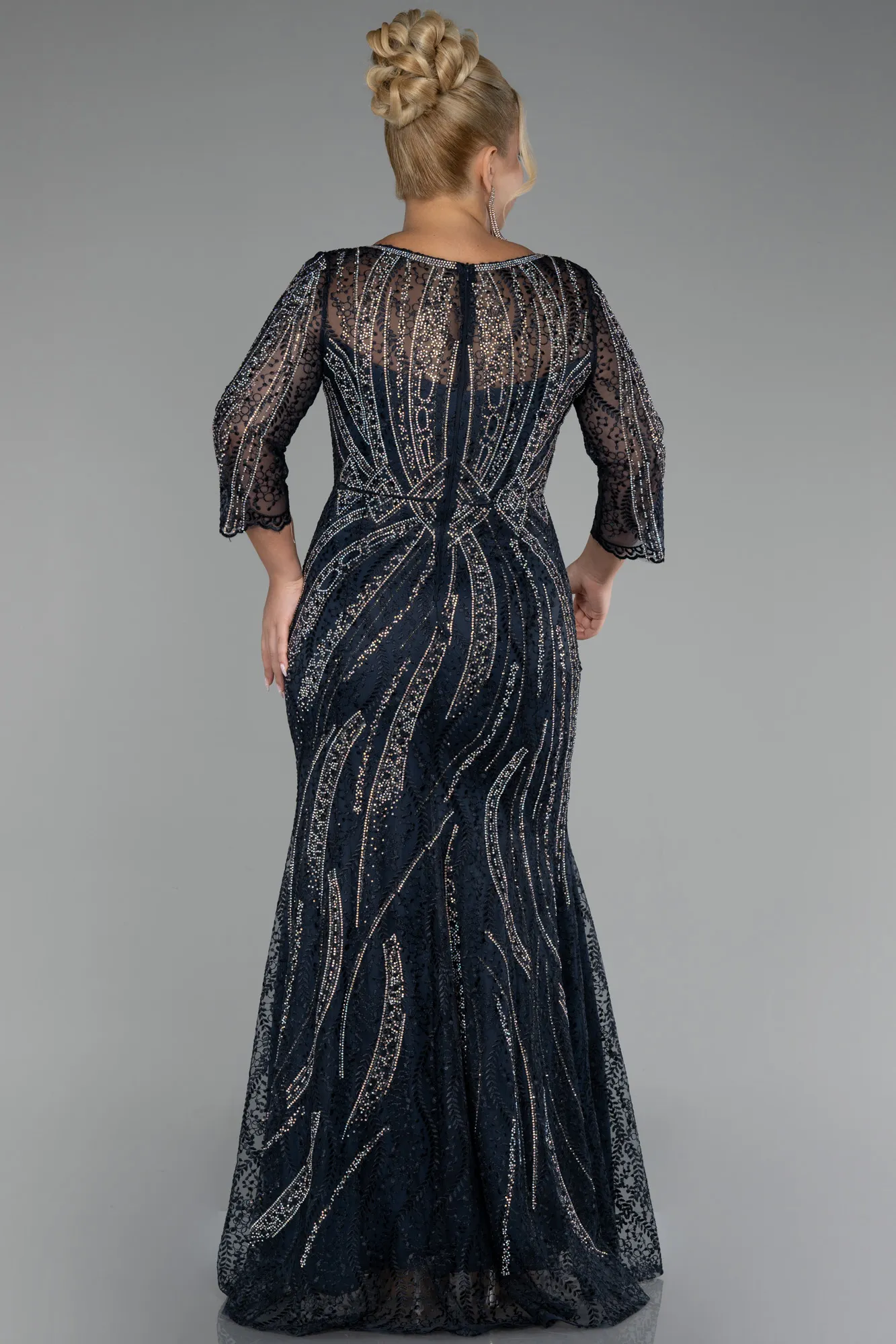 Navy Blue-Long Stony Plus Size Evening Dress ABU4105