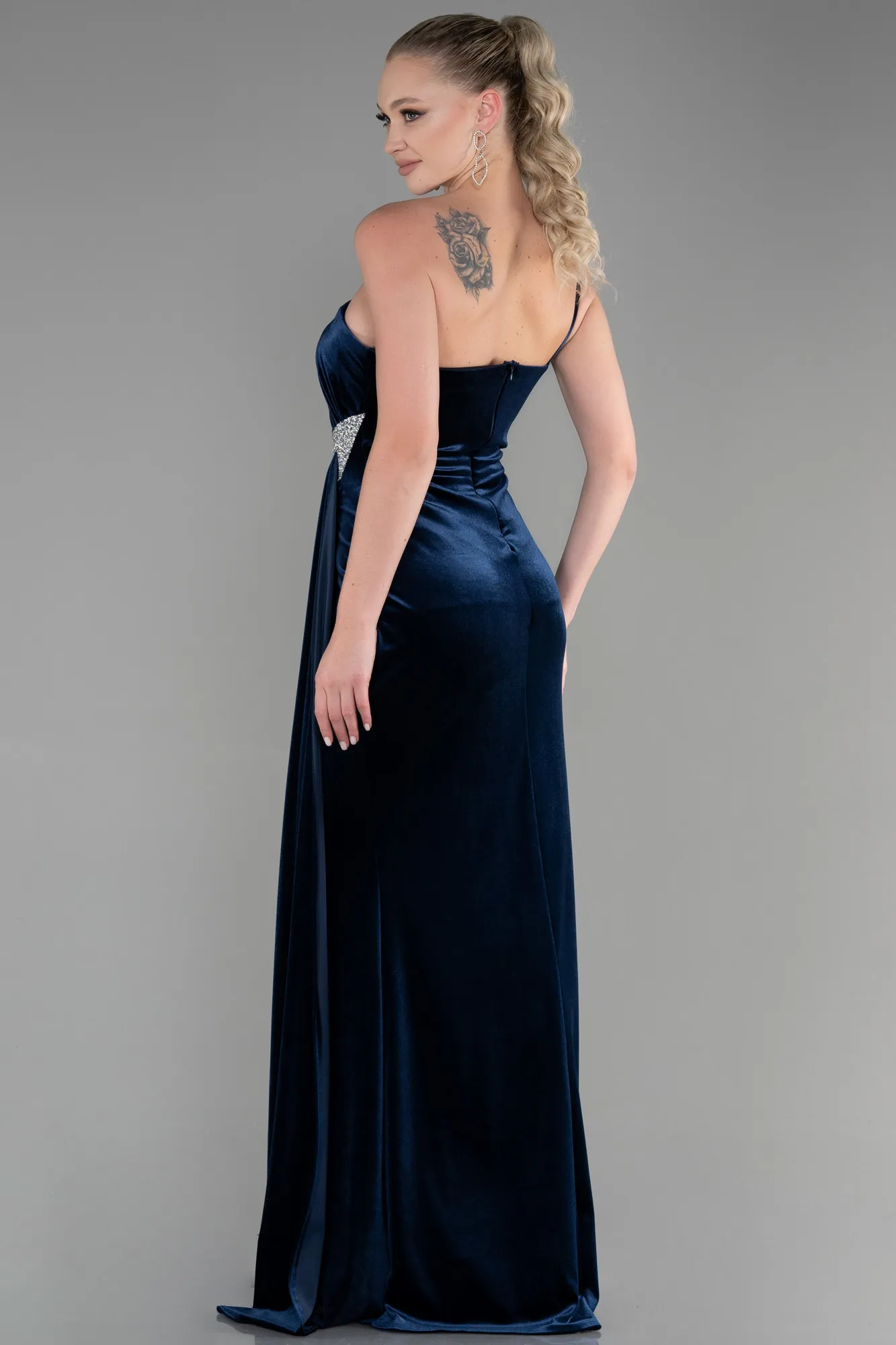 Navy Blue-Long Velvet Evening Dress ABU2626