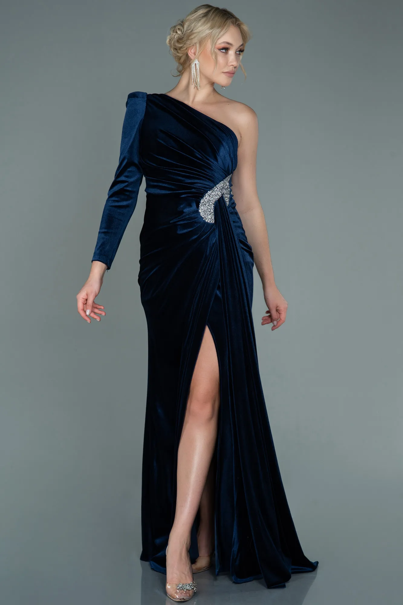 Navy Blue-Long Velvet Evening Dress ABU2655
