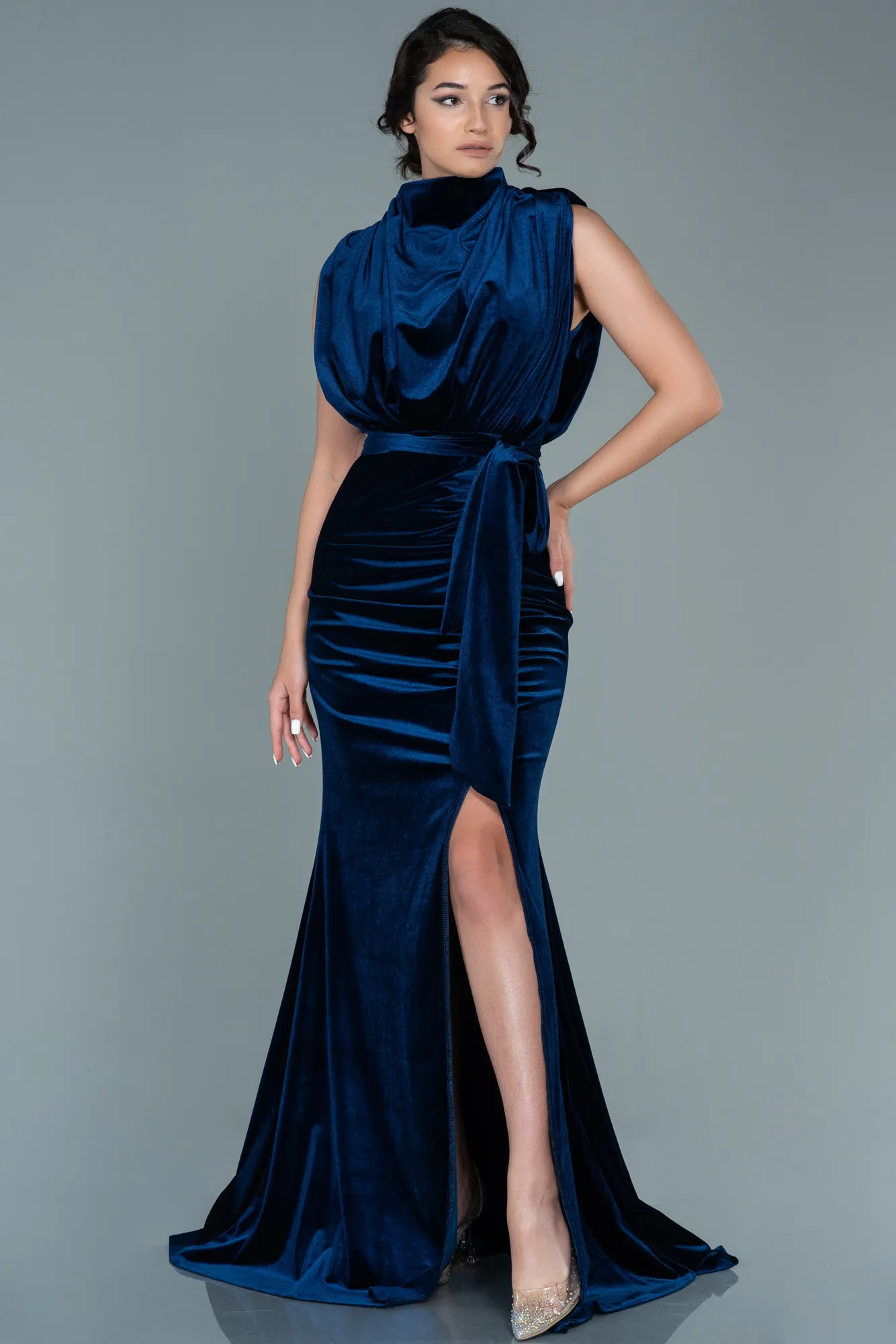 Navy Blue-Long Velvet Evening Dress ABU2668