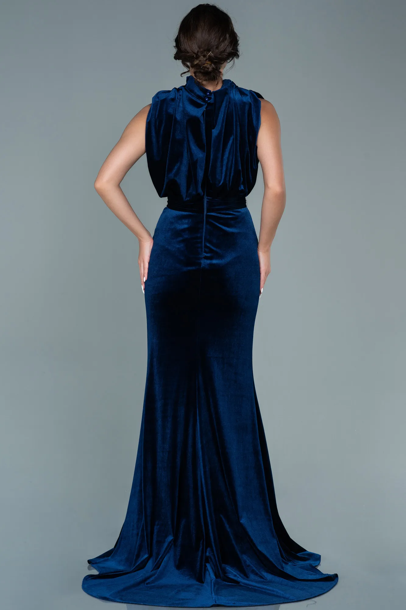 Navy Blue-Long Velvet Evening Dress ABU2668