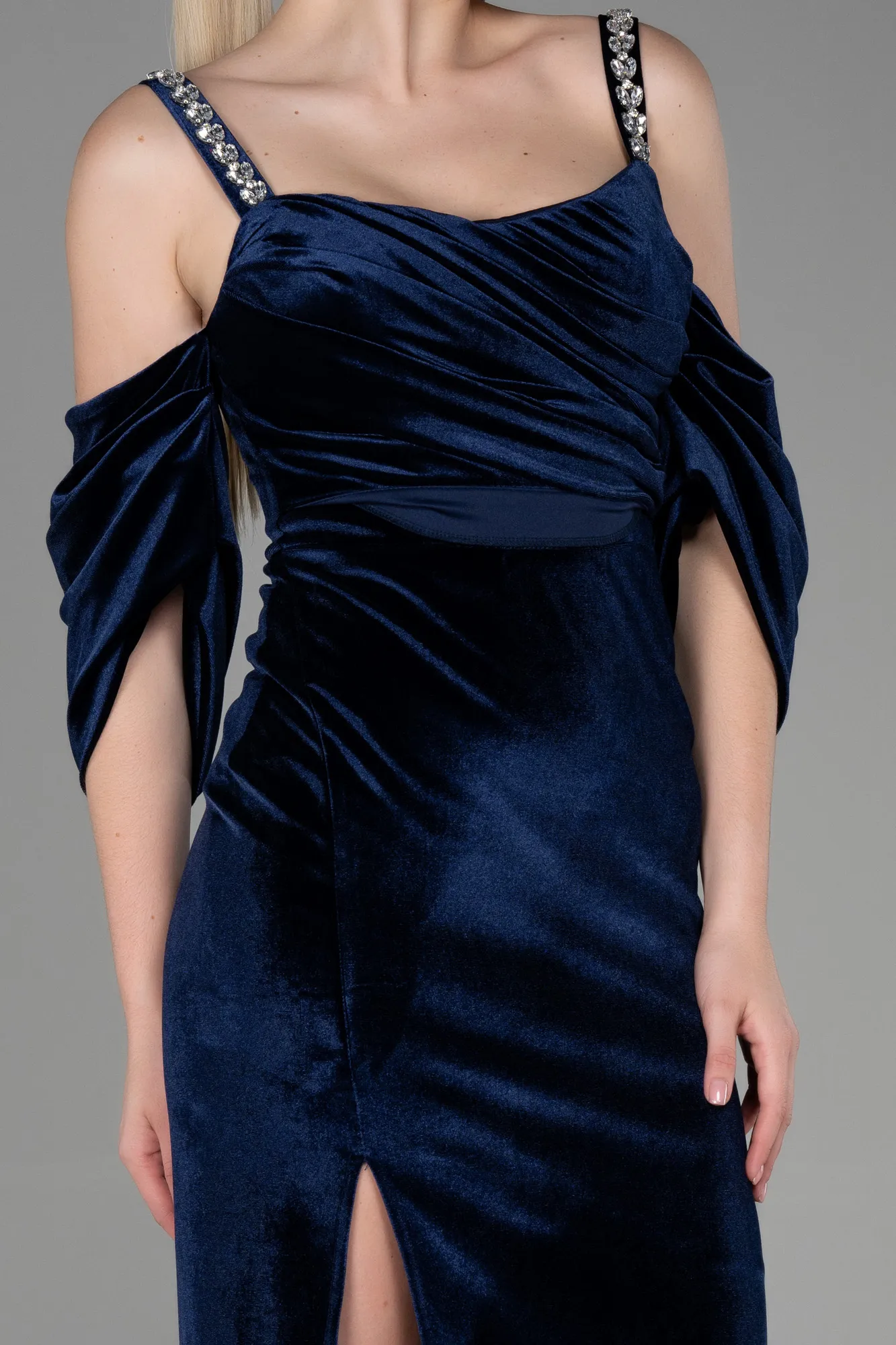 Navy Blue-Long Velvet Evening Dress ABU3335
