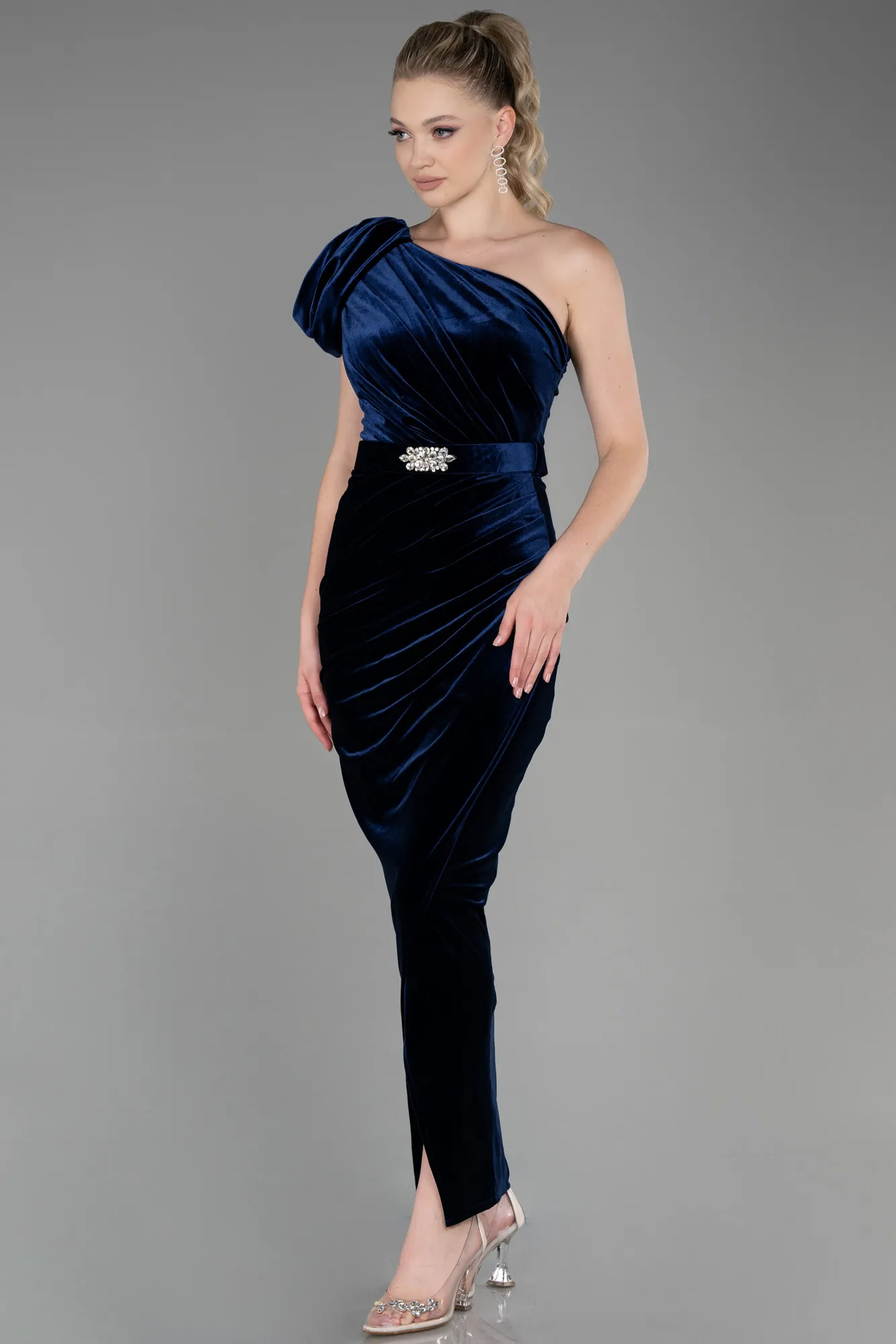Navy Blue-Long Velvet Evening Dress ABU3350