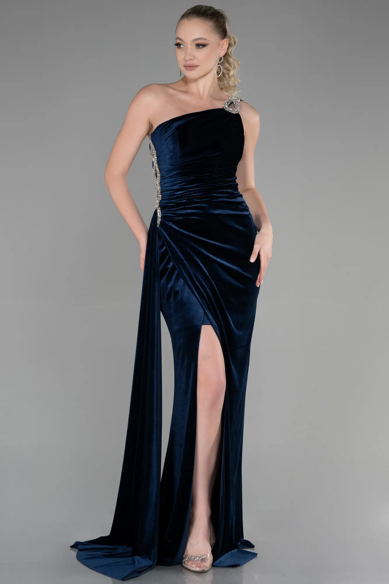 Navy Blue-Long Velvet Evening Dress ABU3365