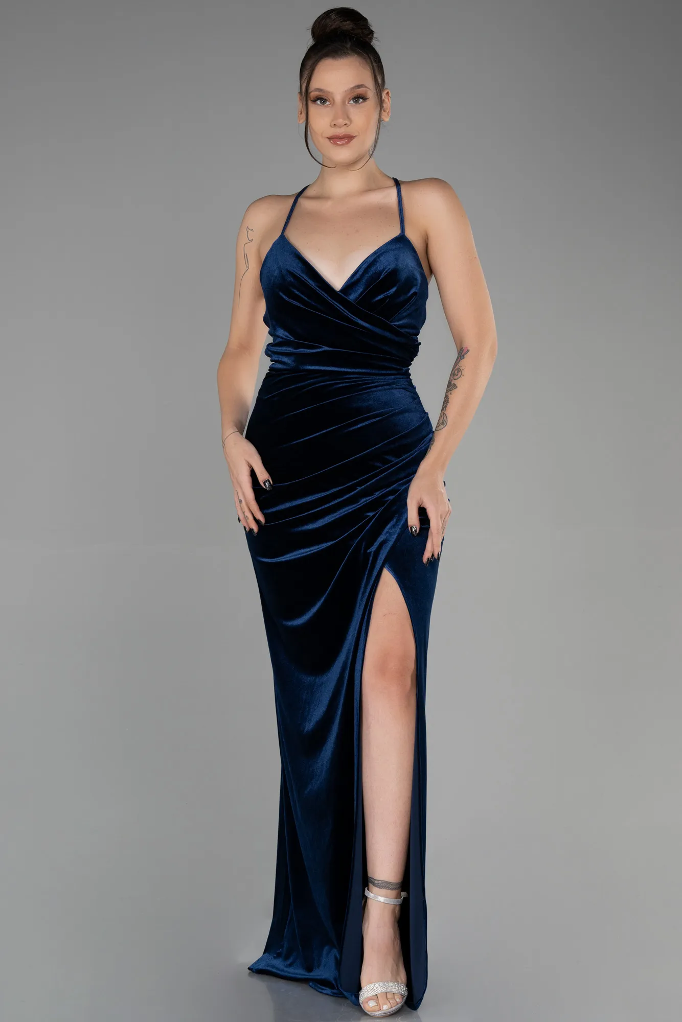 Navy Blue-Long Velvet Evening Dress ABU3366