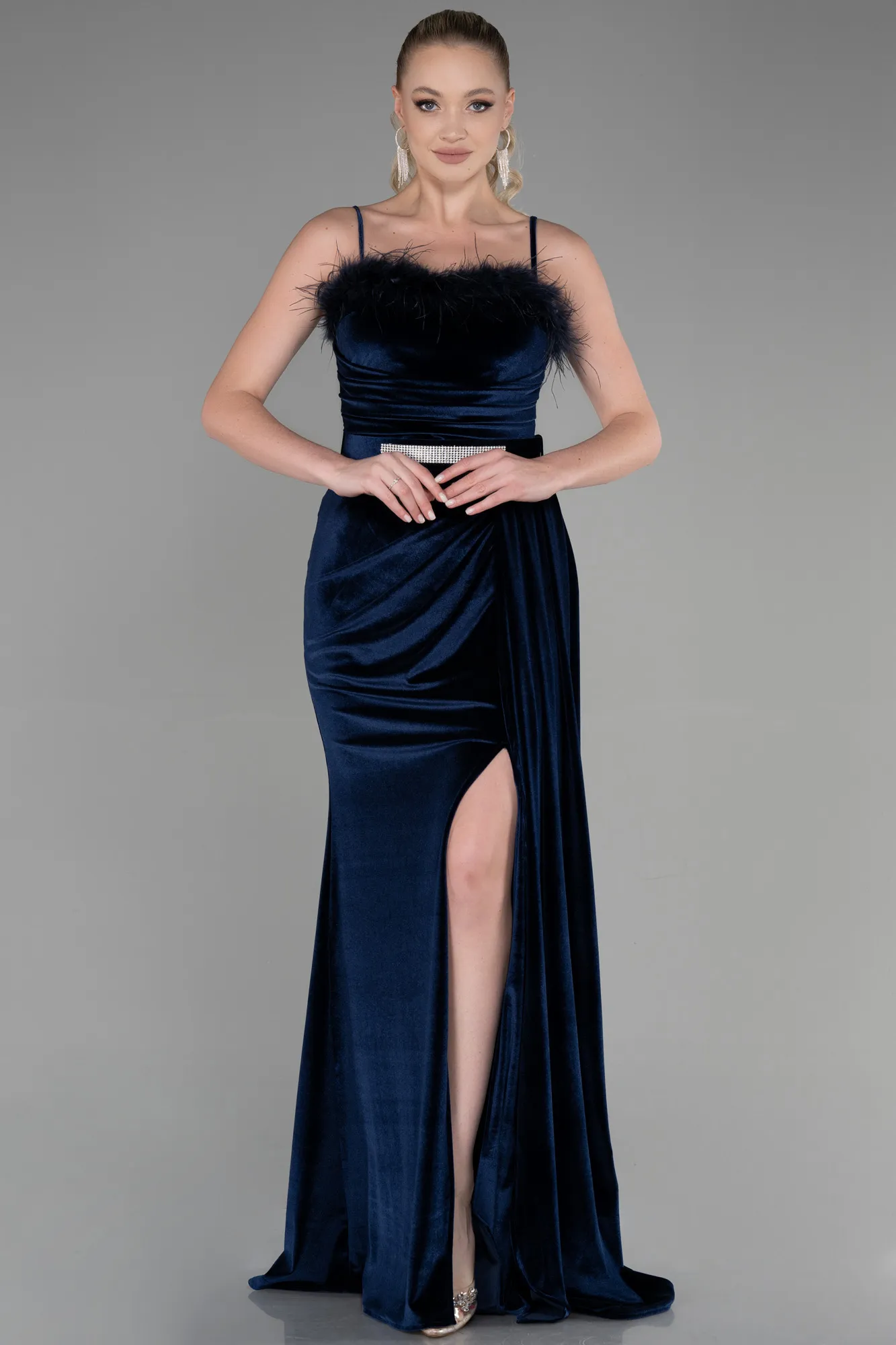 Navy Blue-Long Velvet Evening Dress ABU3387