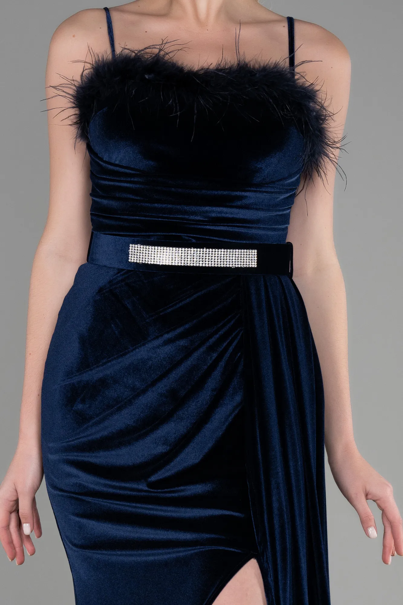 Navy Blue-Long Velvet Evening Dress ABU3387