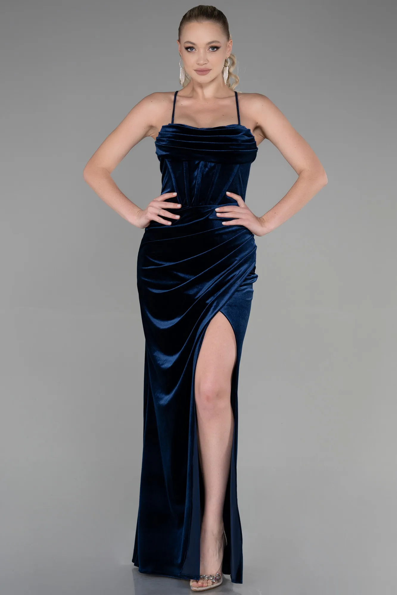 Navy Blue-Long Velvet Evening Dress ABU3395