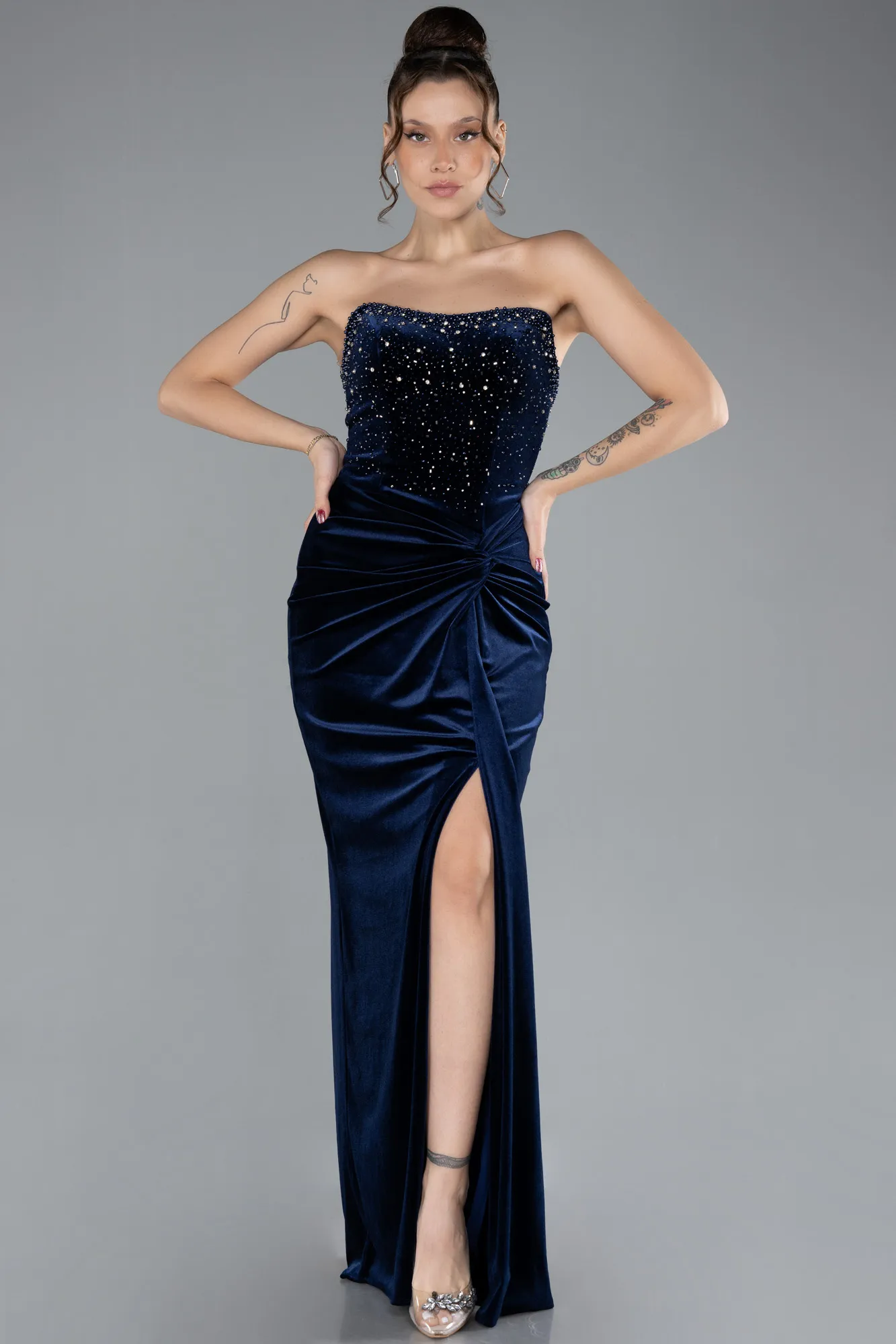 Navy Blue-Long Velvet Evening Dress ABU4405