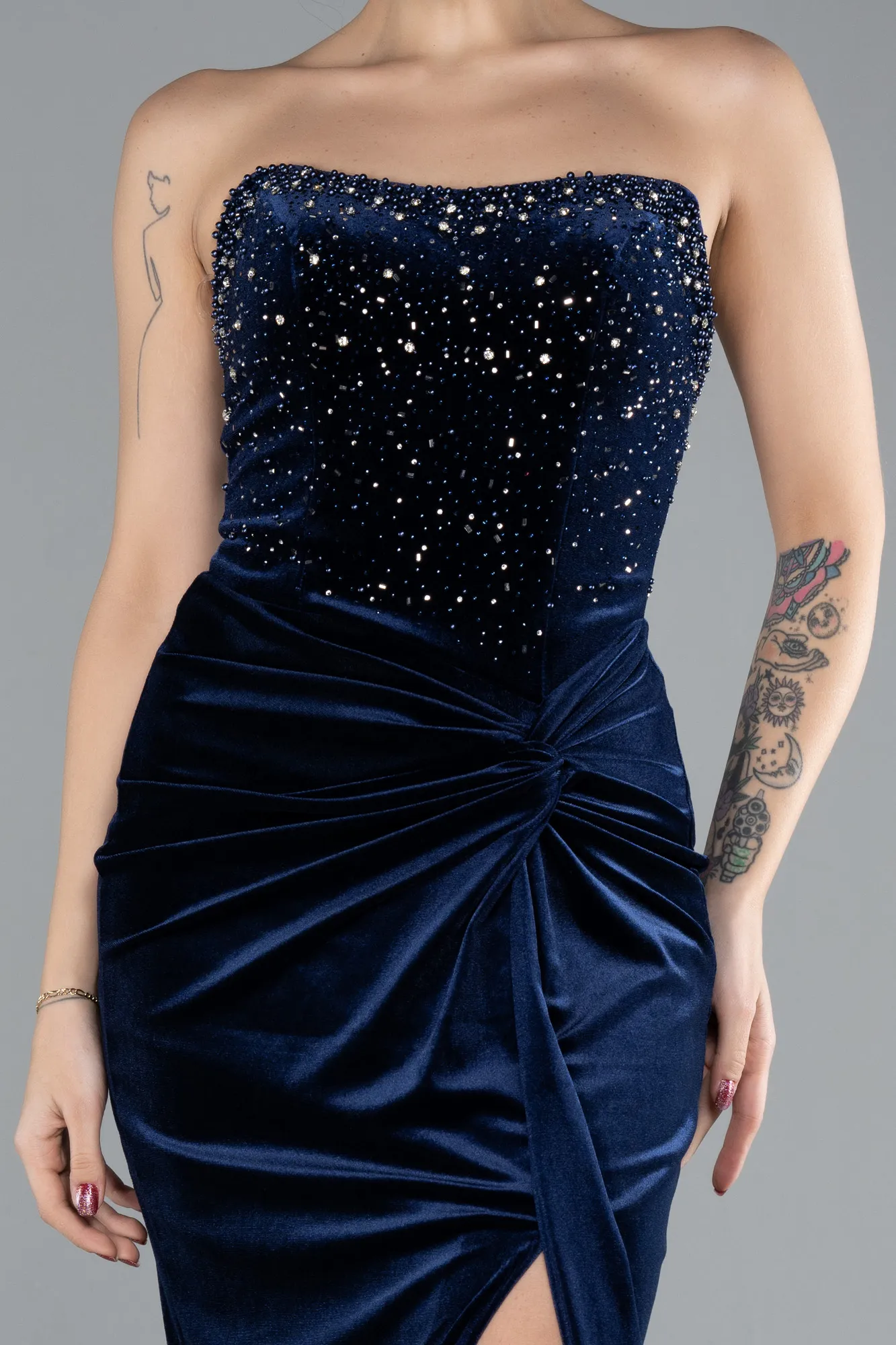 Navy Blue-Long Velvet Evening Dress ABU4405