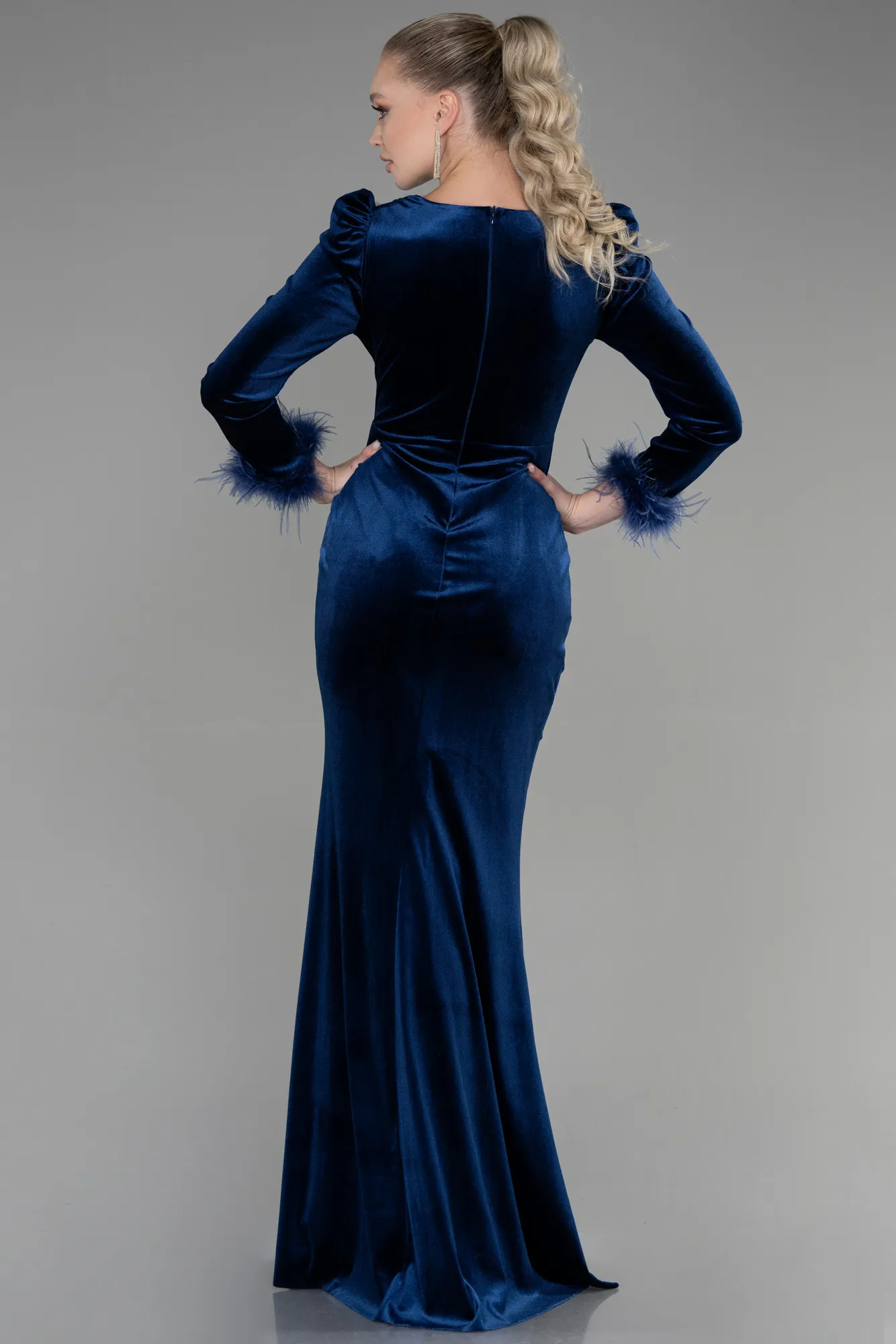 Navy Blue-Long Velvet Mermaid Prom Dress ABU3393