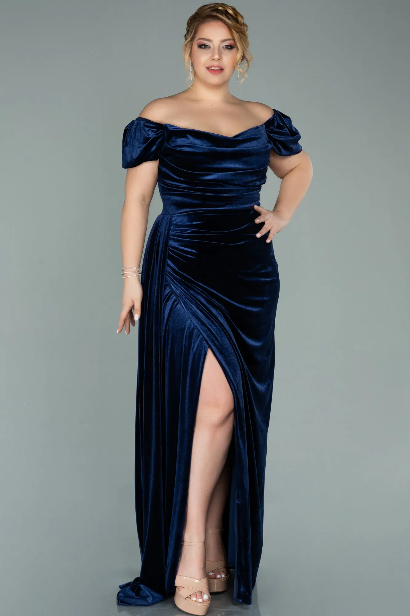 Navy Blue-Long Velvet Oversized Evening Dress ABU1991