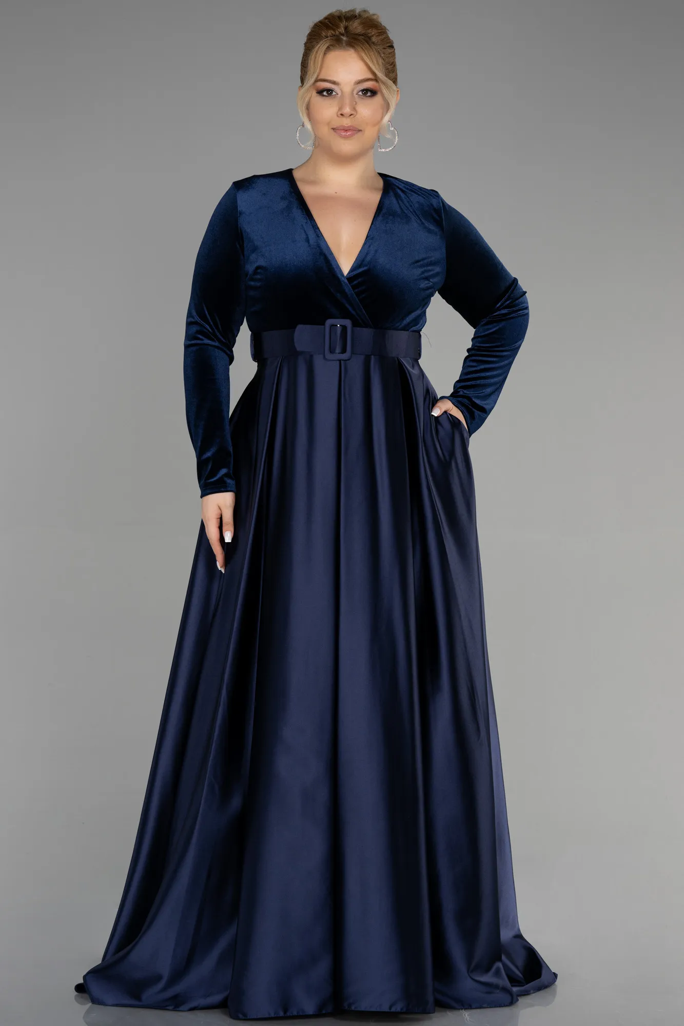 Navy Blue-Long Velvet Oversized Evening Dress ABU3389