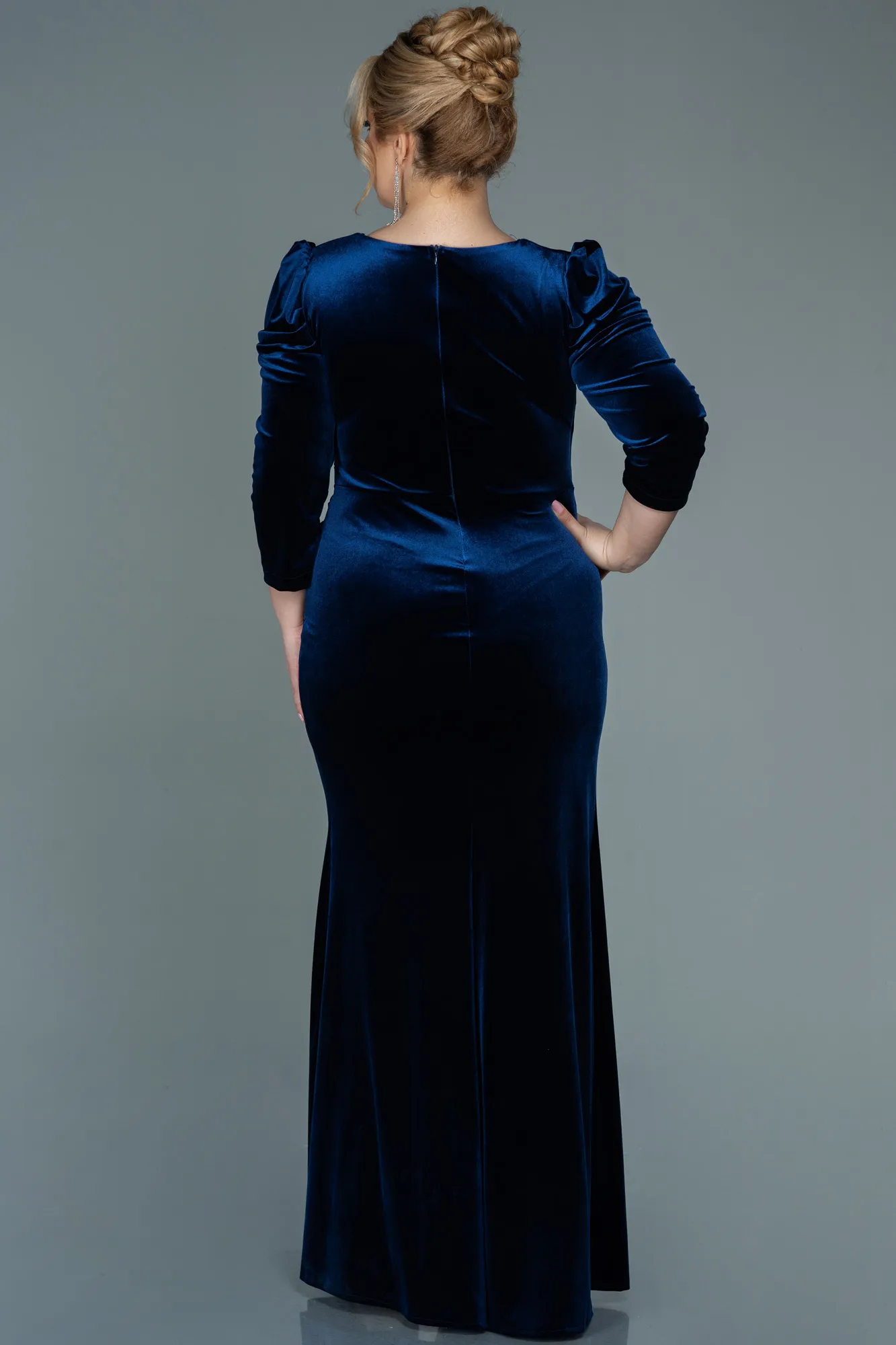 Navy Blue-Long Velvet Plus Size Evening Dress ABU2697