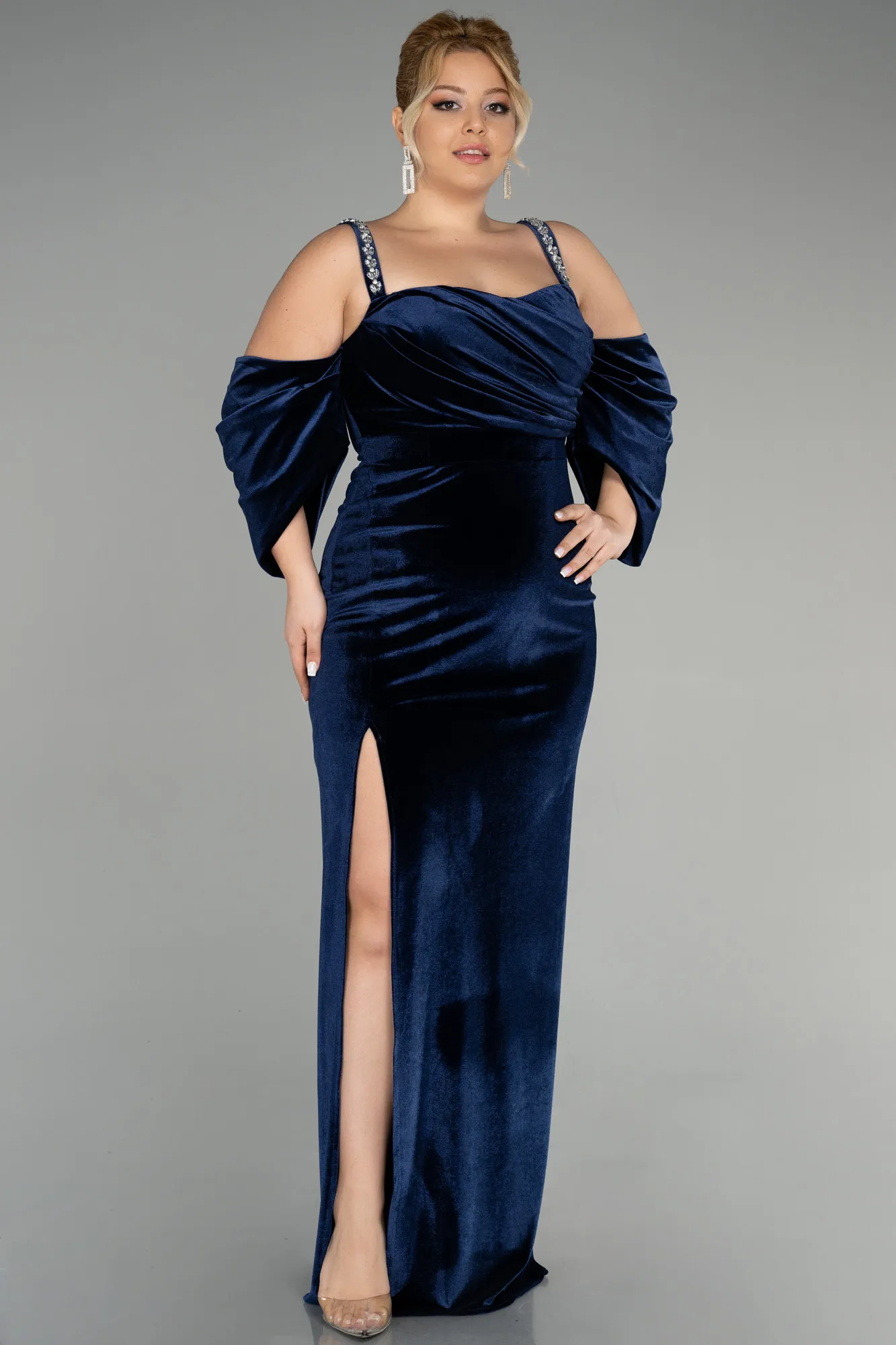 Navy Blue-Long Velvet Plus Size Evening Dress ABU3336