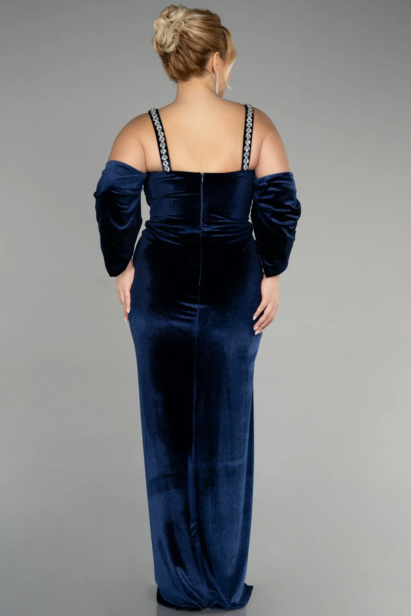Navy Blue-Long Velvet Plus Size Evening Dress ABU3336