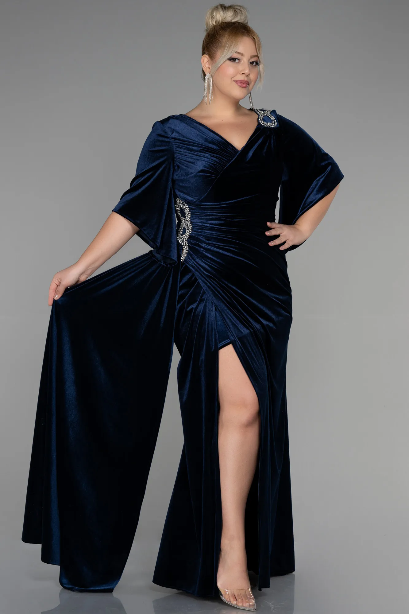 Navy Blue-Long Velvet Velvet Oversized Evening Dress ABU3370