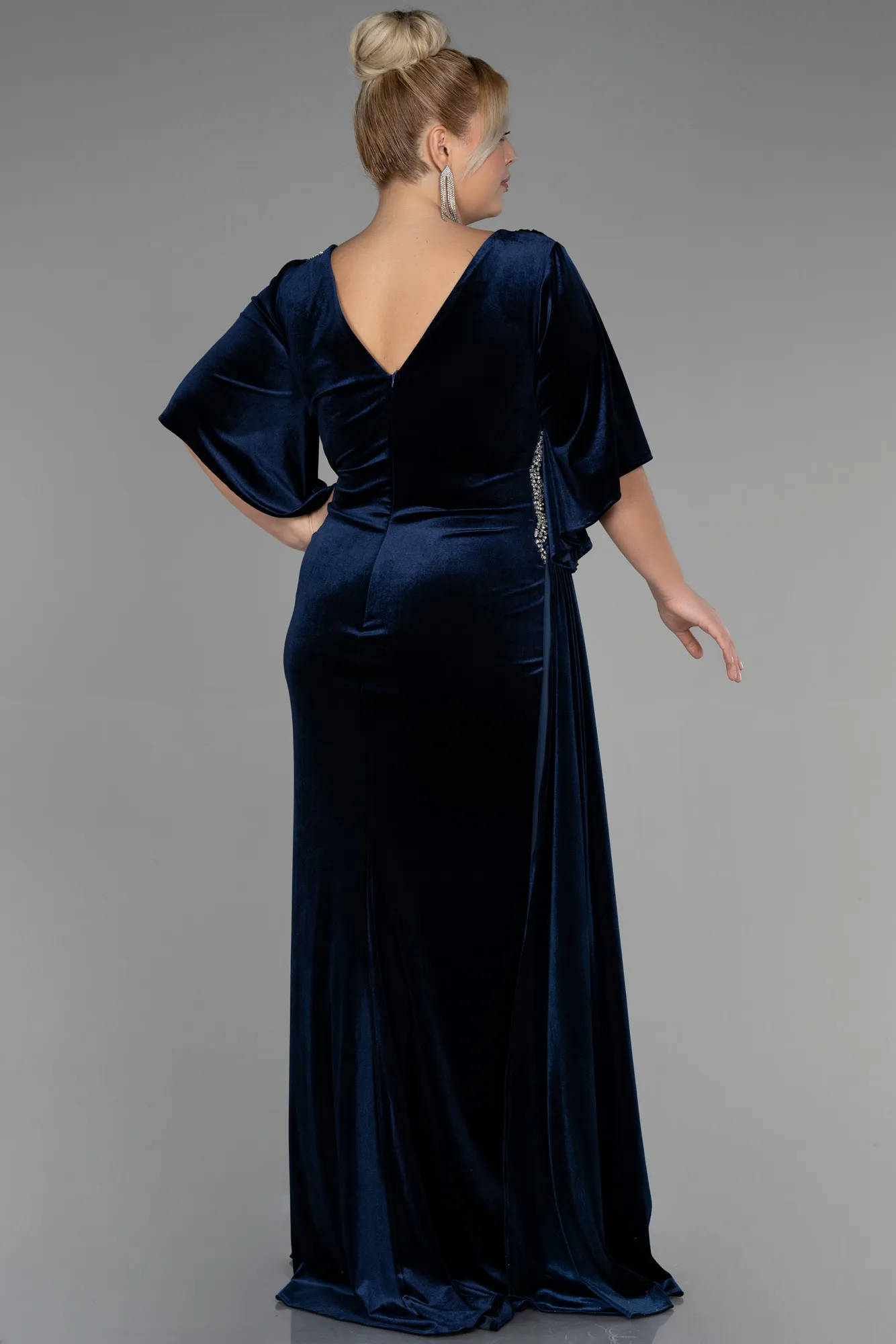 Navy Blue-Long Velvet Velvet Oversized Evening Dress ABU3370