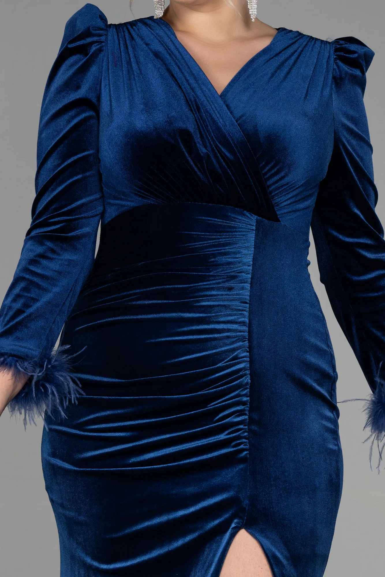 Navy Blue-Long Velvet Velvet Oversized Evening Dress ABU3394