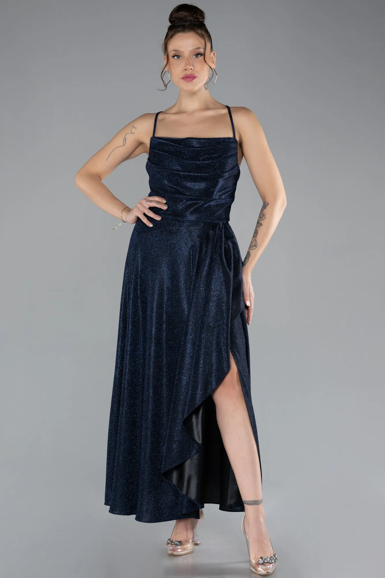 Navy Blue-Low Cut Midi Glittery Cocktail Dress ABK2170