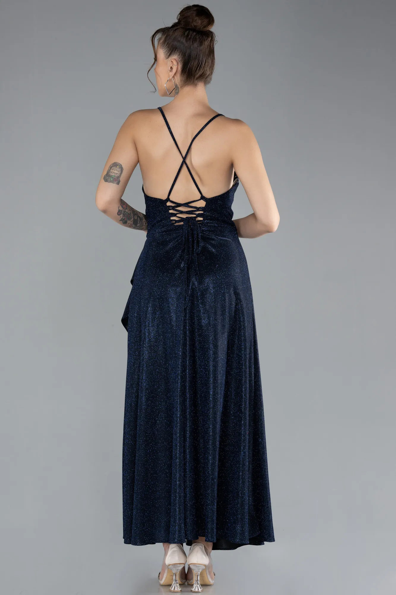 Navy Blue-Low Cut Midi Glittery Cocktail Dress ABK2170