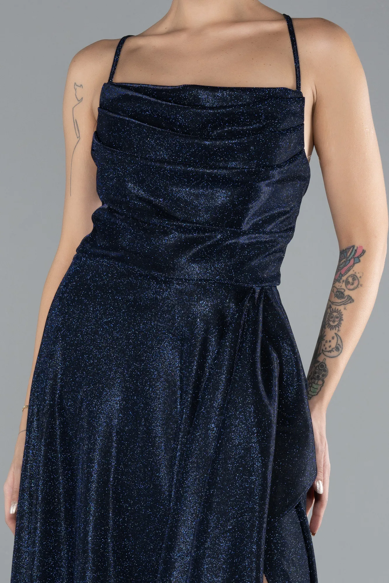 Navy Blue-Low Cut Midi Glittery Cocktail Dress ABK2170