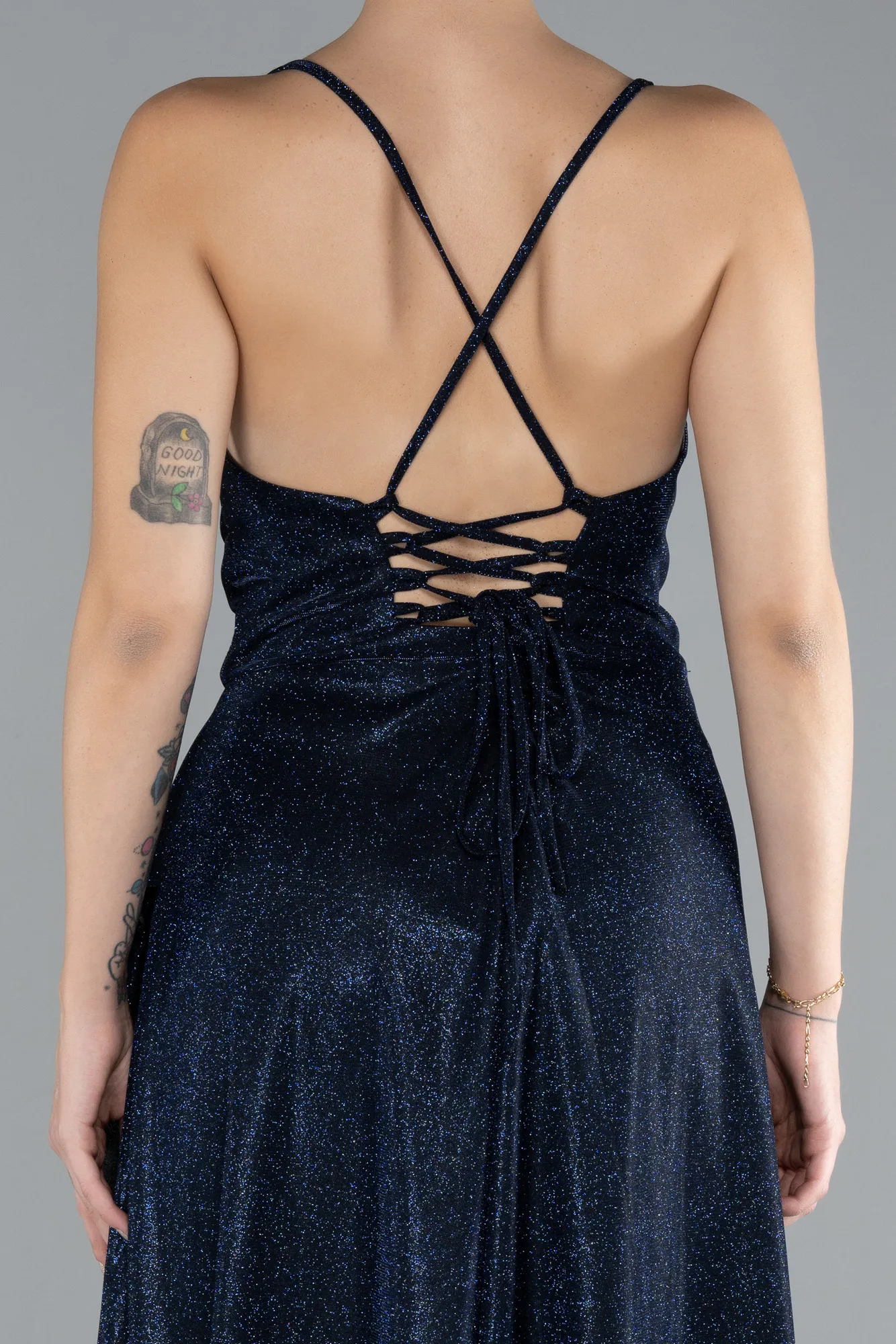 Navy Blue-Low Cut Midi Glittery Cocktail Dress ABK2170