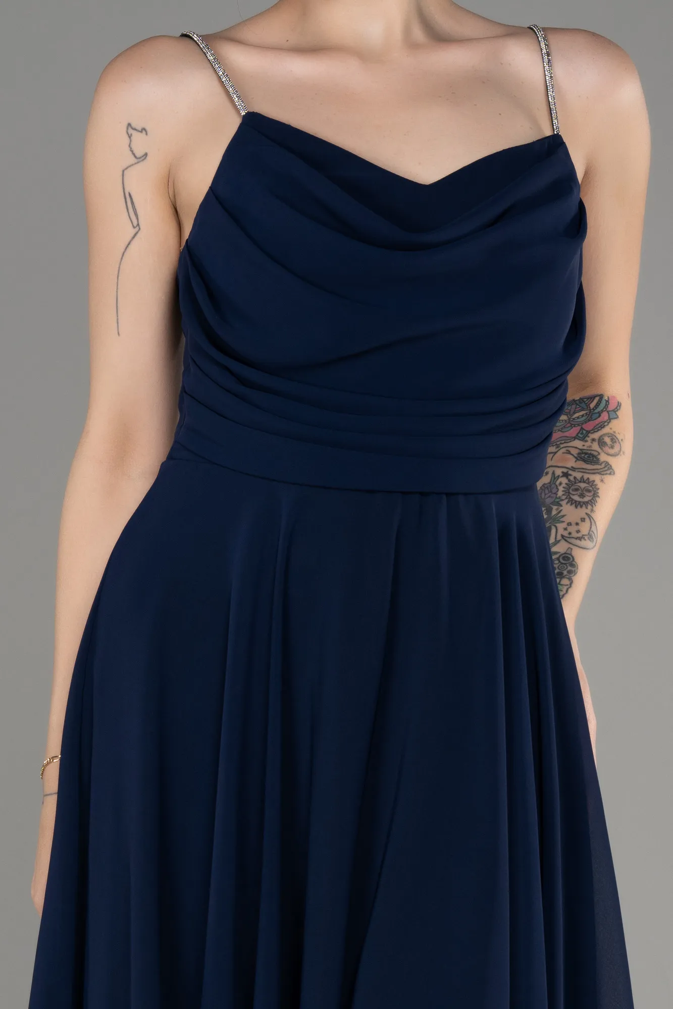 Navy Blue-Midi Chiffon Evening Dress ABK1986