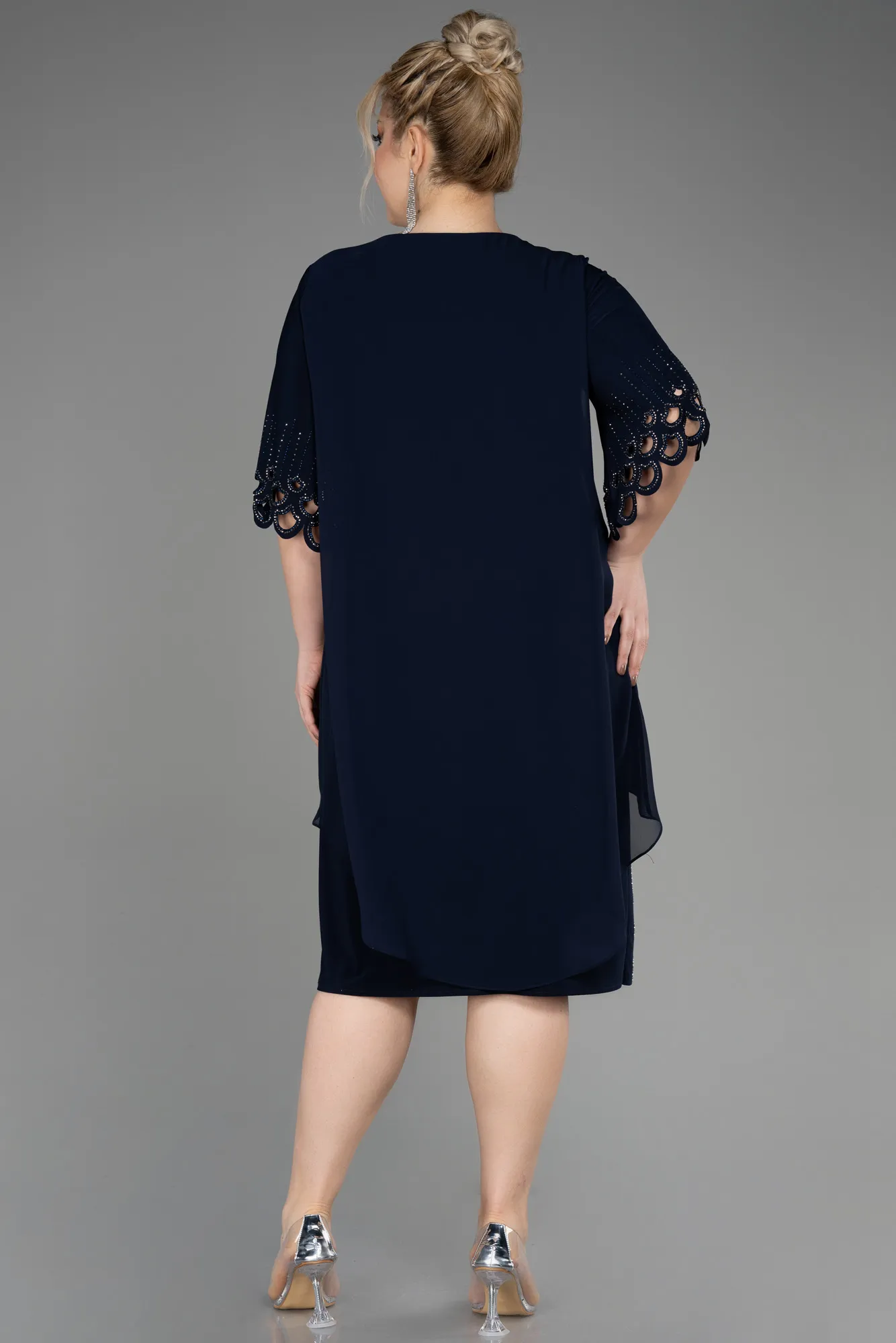 Navy Blue-Midi Chiffon Plus Size Cocktail Dress ABK1943