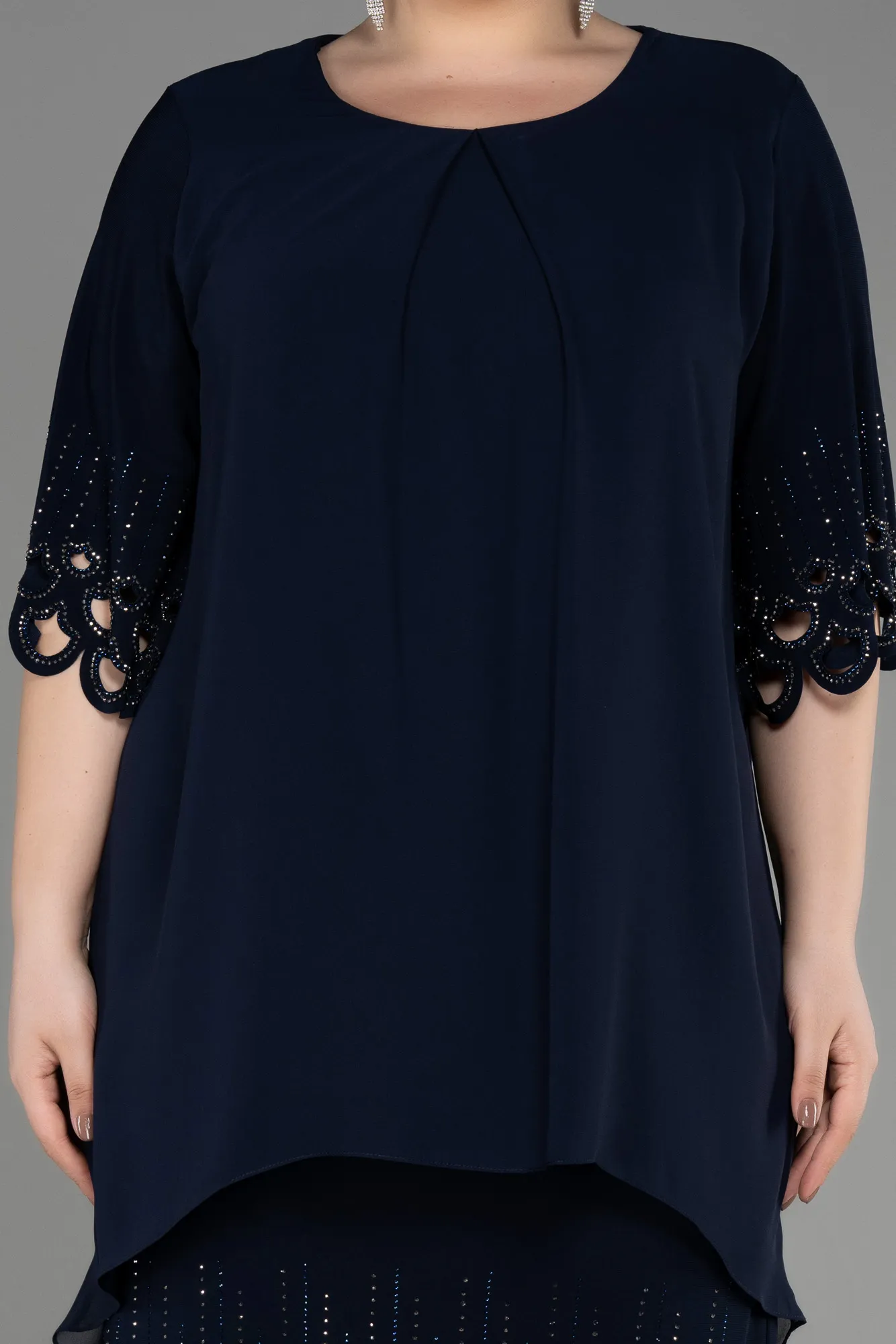 Navy Blue-Midi Chiffon Plus Size Cocktail Dress ABK1943