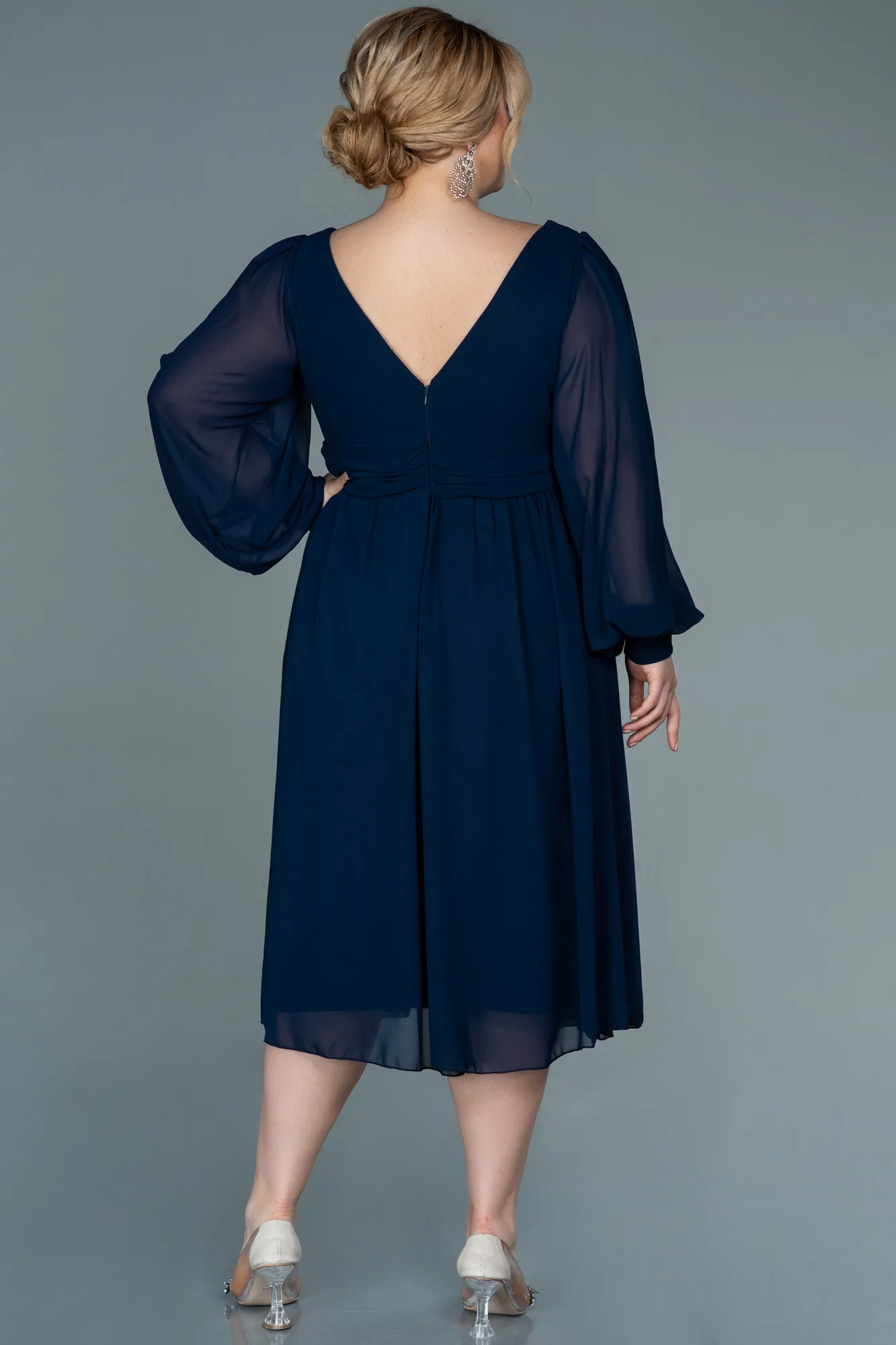 Navy Blue-Midi Chiffon Plus Size Evening Dress ABK1565