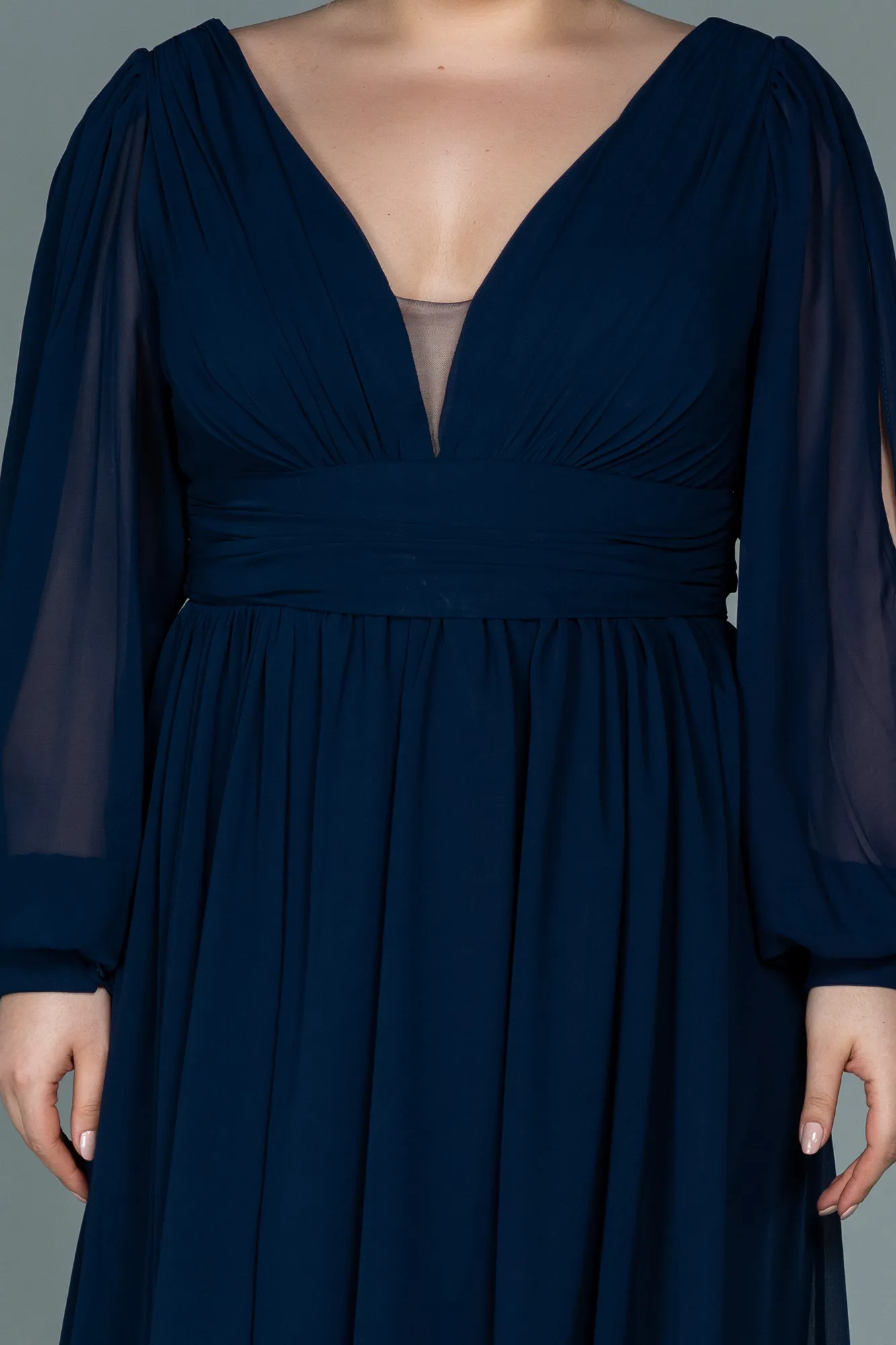 Navy Blue-Midi Chiffon Plus Size Evening Dress ABK1565