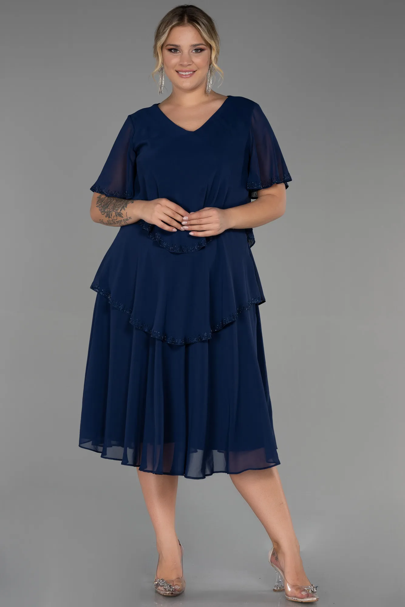 Navy Blue-Midi Chiffon Plus Size Evening Dress ABK1825