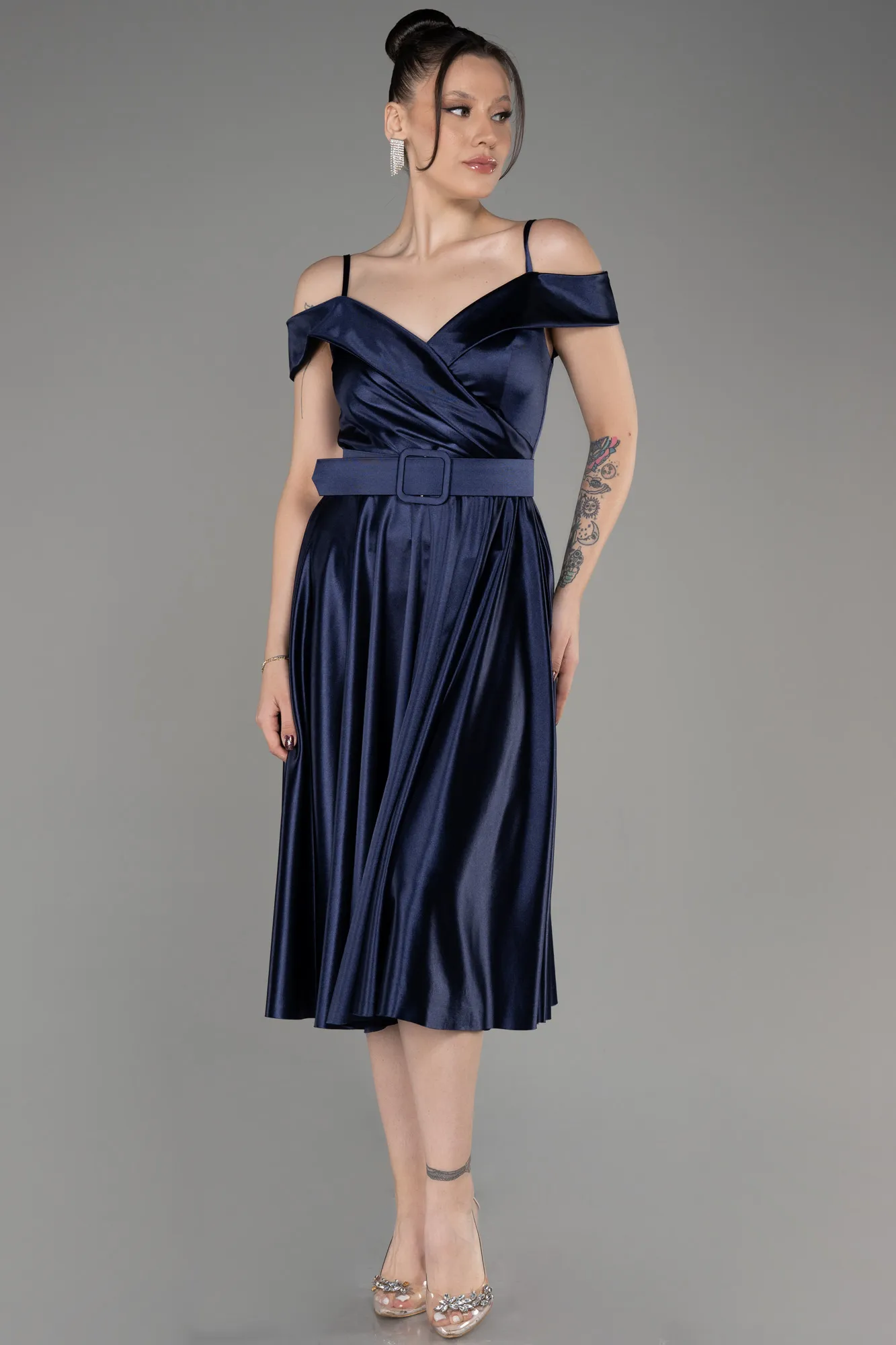 Navy Blue-Midi Cocktail Satin Dress ABK2080