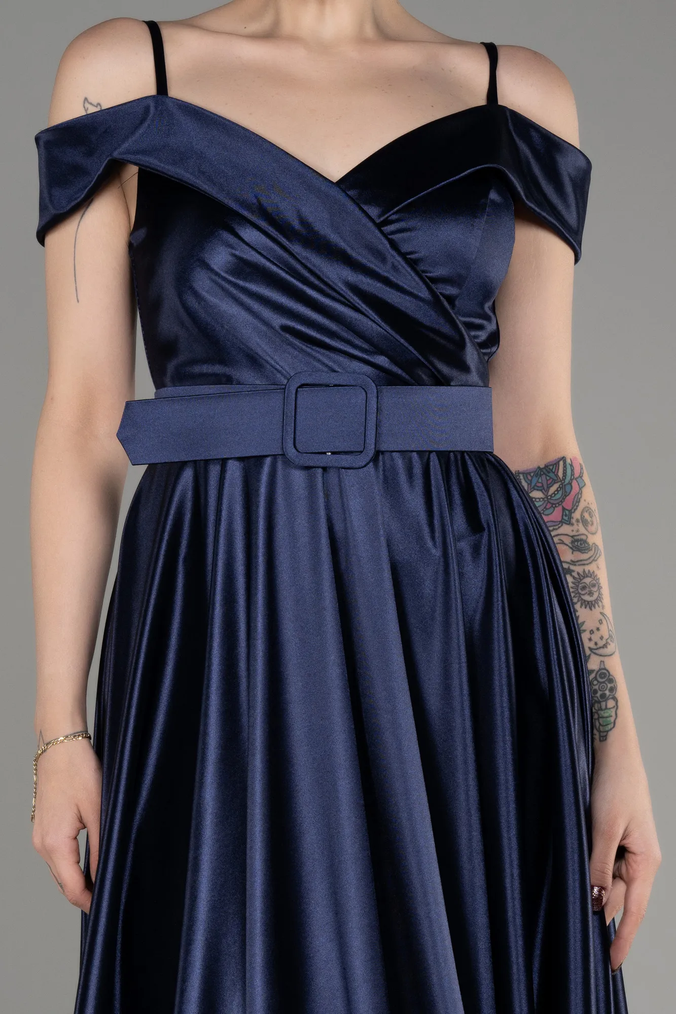 Navy Blue-Midi Cocktail Satin Dress ABK2080