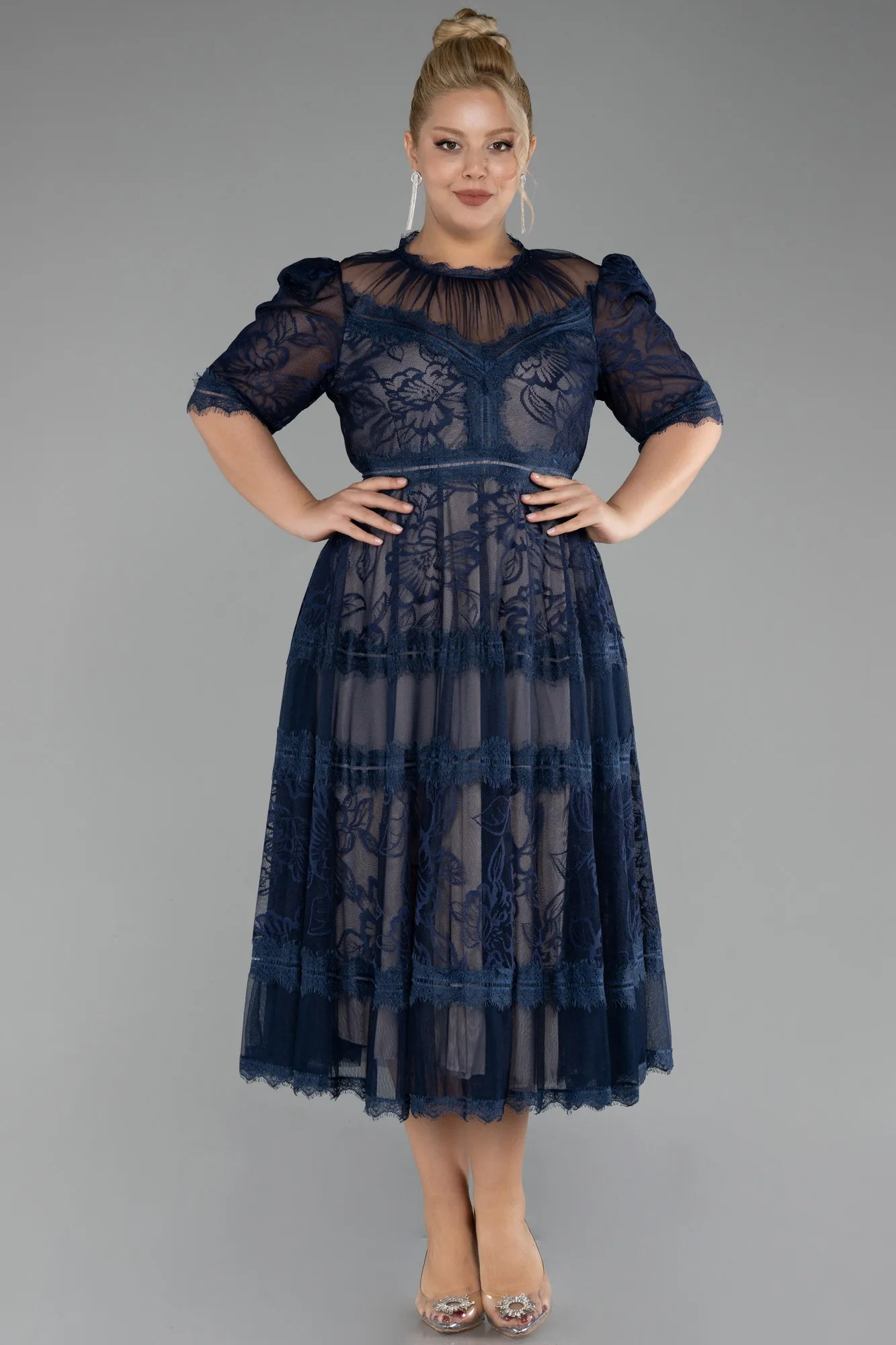 Navy Blue-Midi Dantelle Plus Size Evening Dress ABK1396